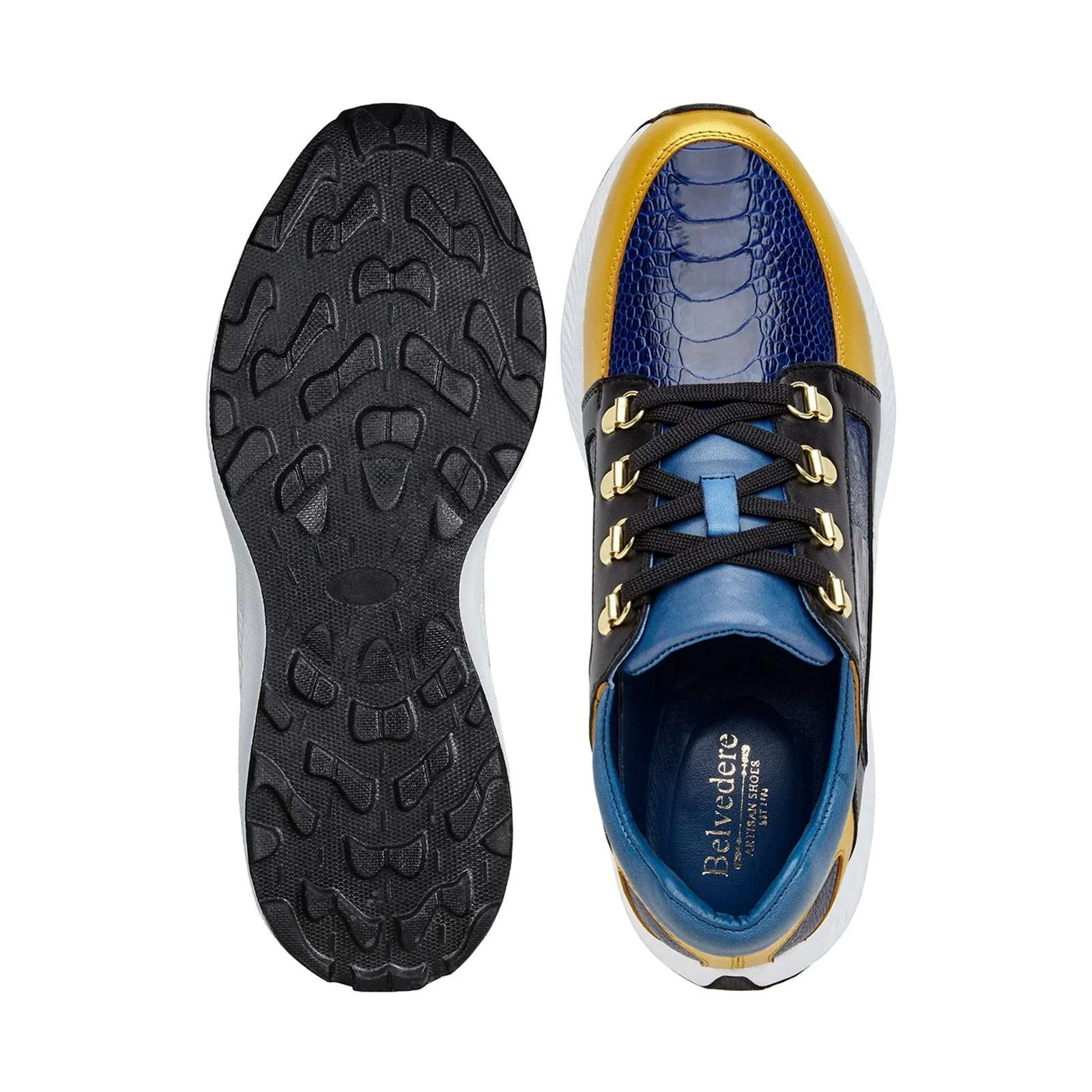 Men's Belvedere Adam Ostrich & Italian Calfskin Sneaker in Gold, Blue & Black - Image 5