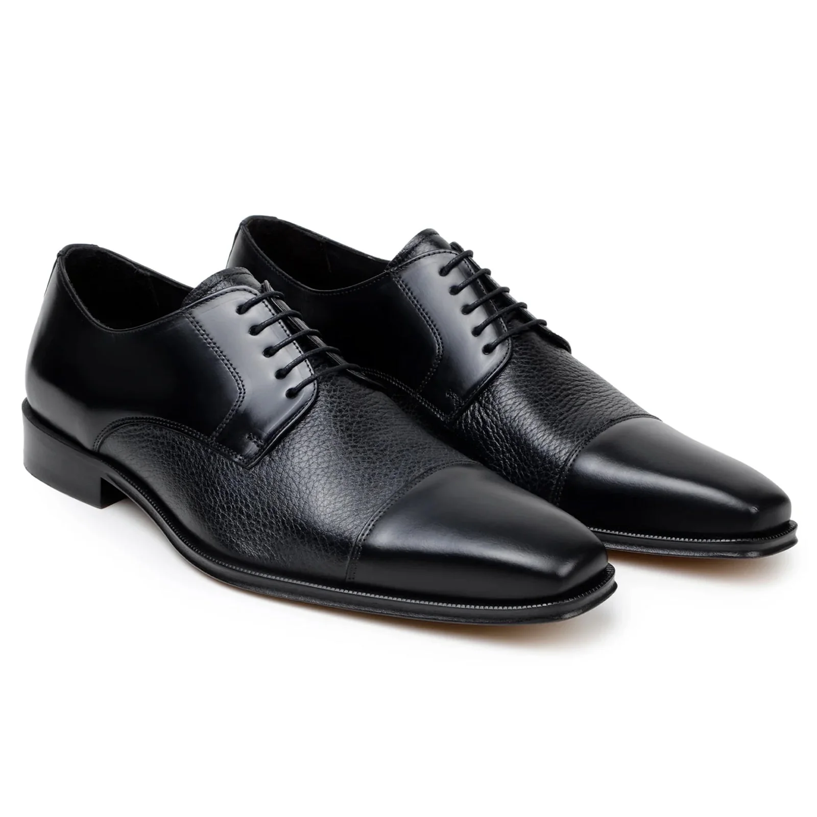 Men's Belvedere Alexander Italian Deerskin & Nappa Leather Cap Toe Dress Shoe in Black - Image 3