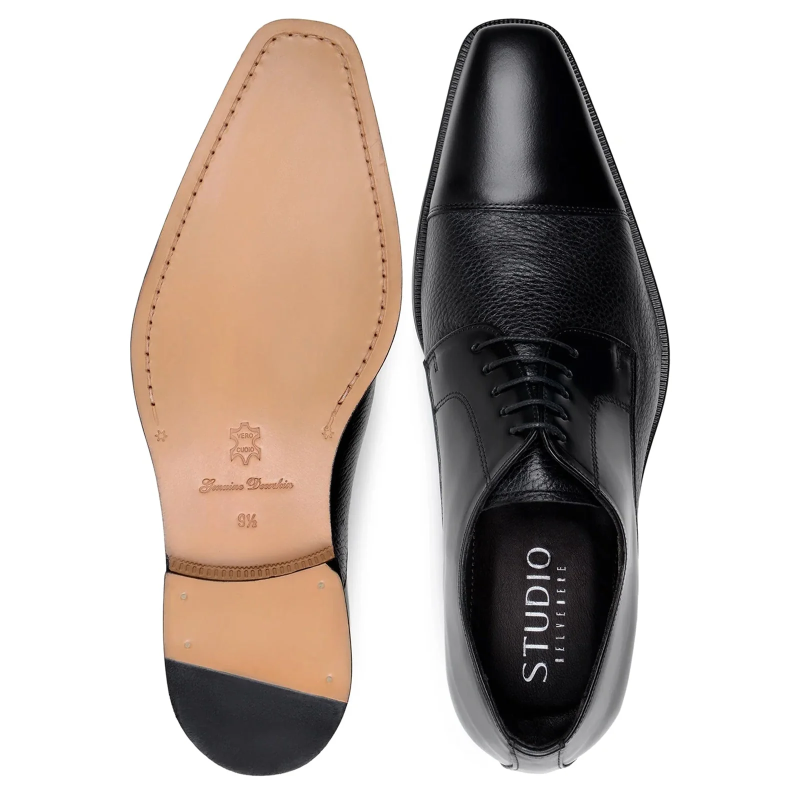 Men's Belvedere Alexander Italian Deerskin & Nappa Leather Cap Toe Dress Shoe in Black - Image 7