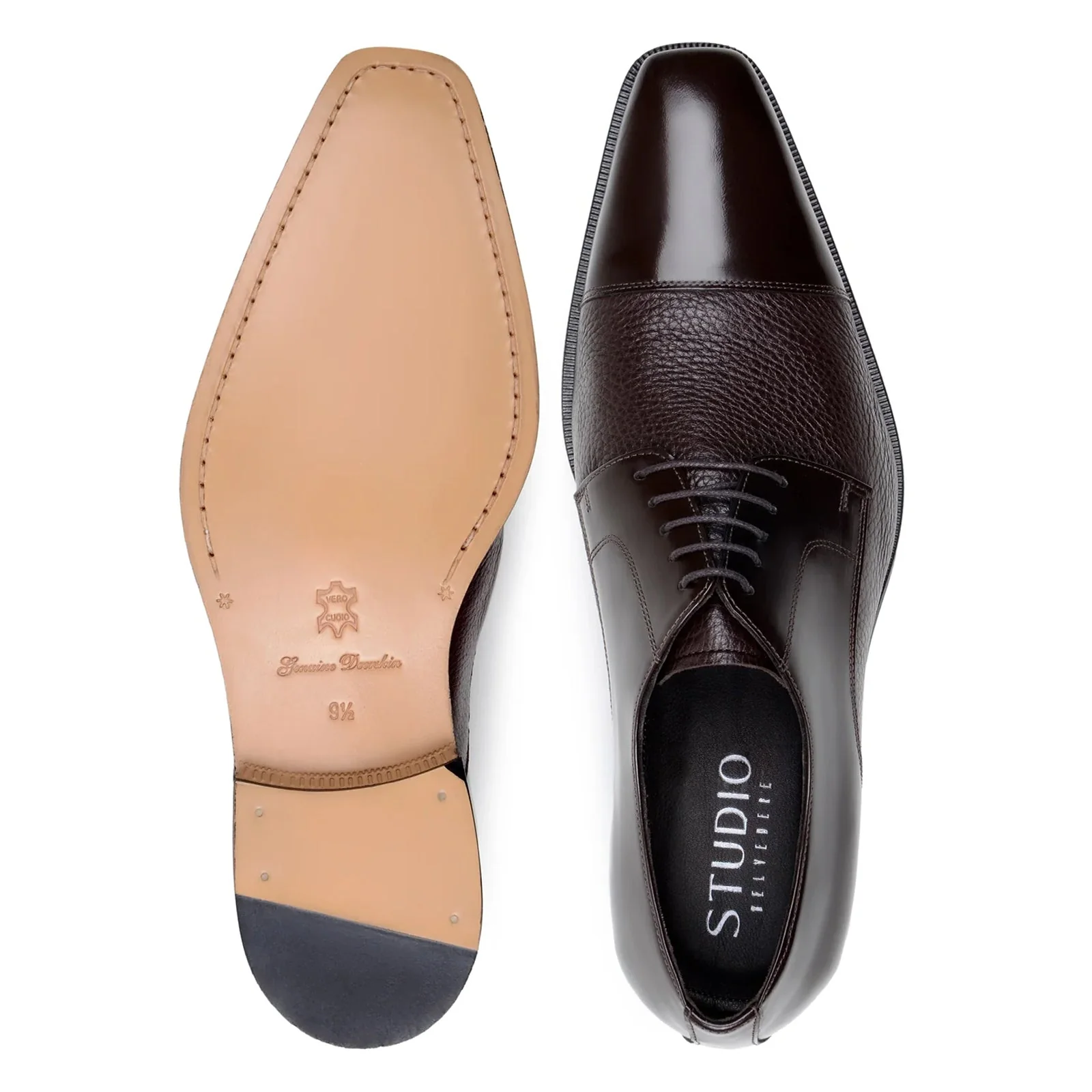 Men's Belvedere Alexander Italian Deerskin & Nappa Leather Cap Toe Dress Shoe in Brown - Image 6