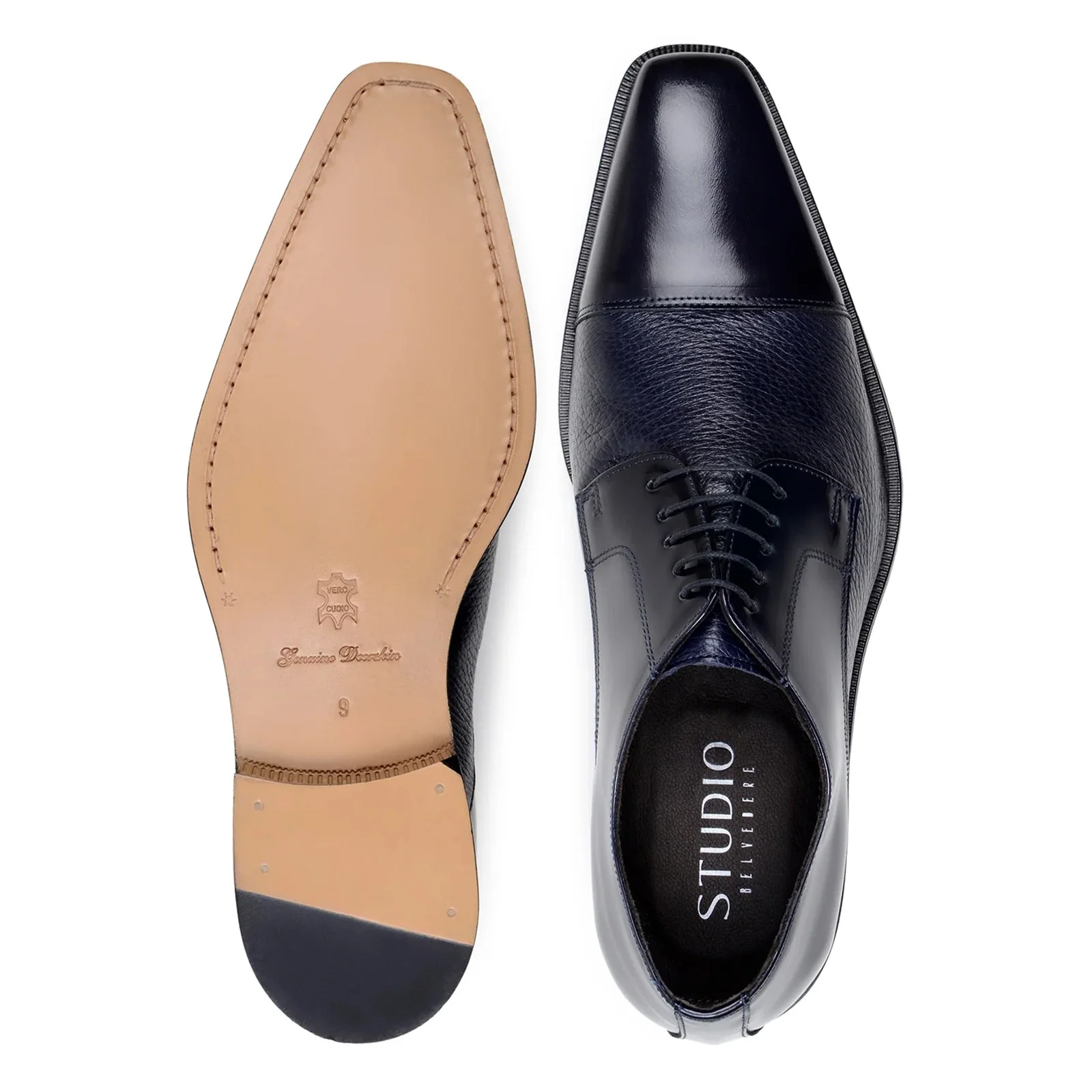 Men's Belvedere Alexander Italian Deerskin & Nappa Leather Cap Toe Dress Shoe in Navy - Image 6