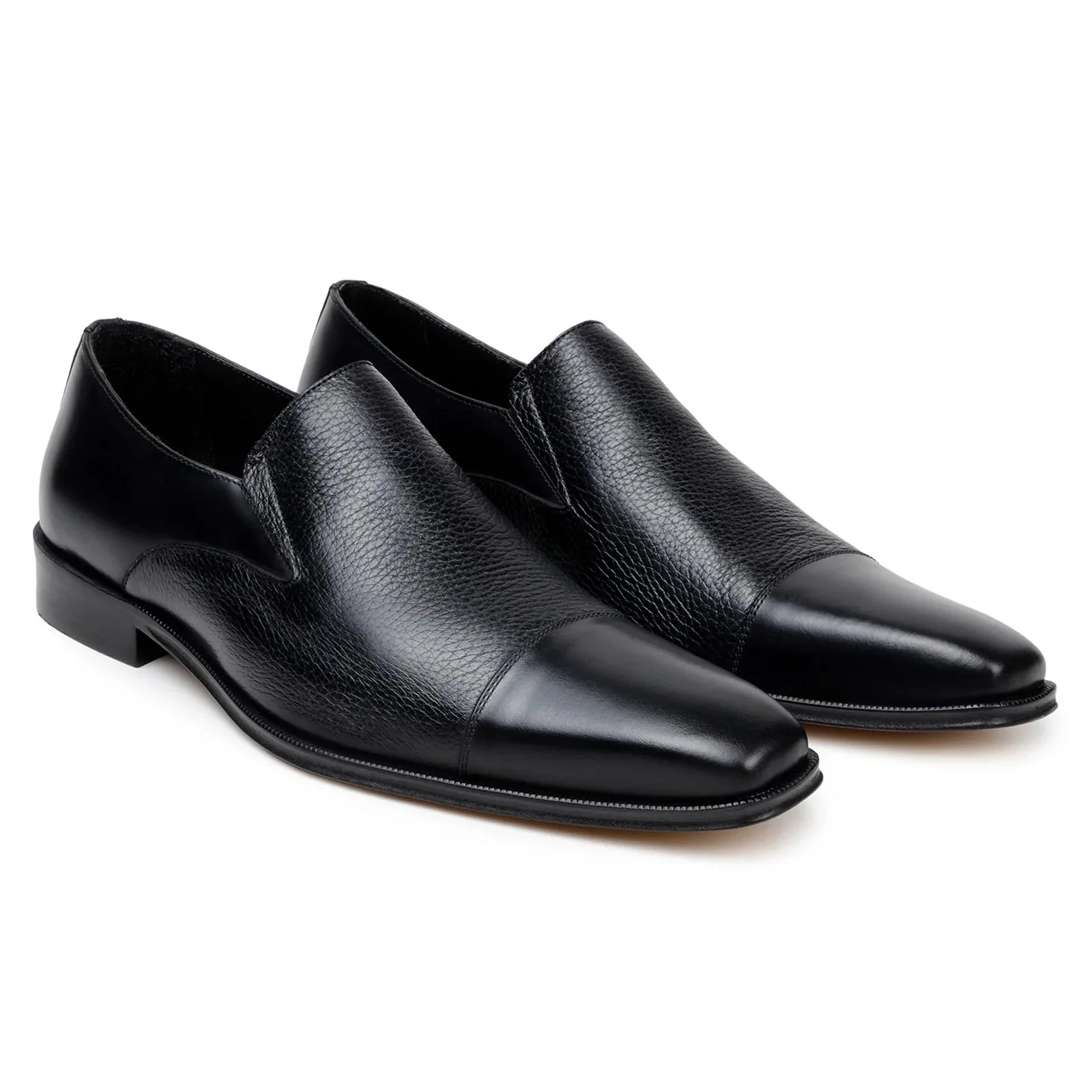 Men's Belvedere Andreo Italian Deerskin & Nappa Leather Cap Toe Slip On Loafer in Black - Image 3