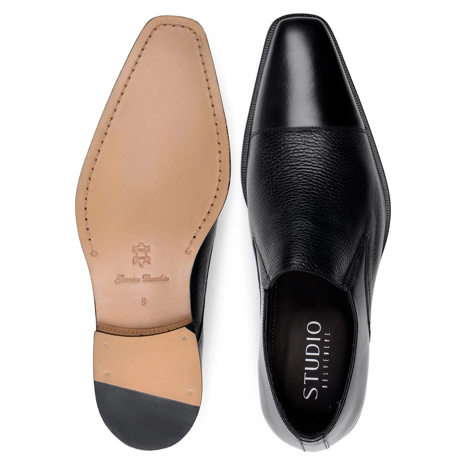 Men's Belvedere Andreo Italian Deerskin & Nappa Leather Cap Toe Slip On Loafer in Black - Image 7