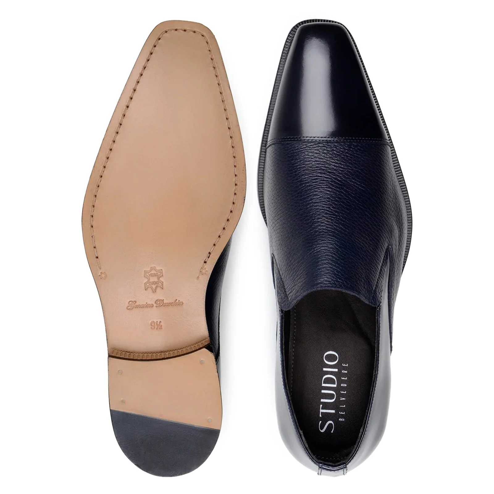 Men's Belvedere Andreo Italian Deerskin & Nappa Leather Cap Toe Slip On Loafer in Navy - Image 7