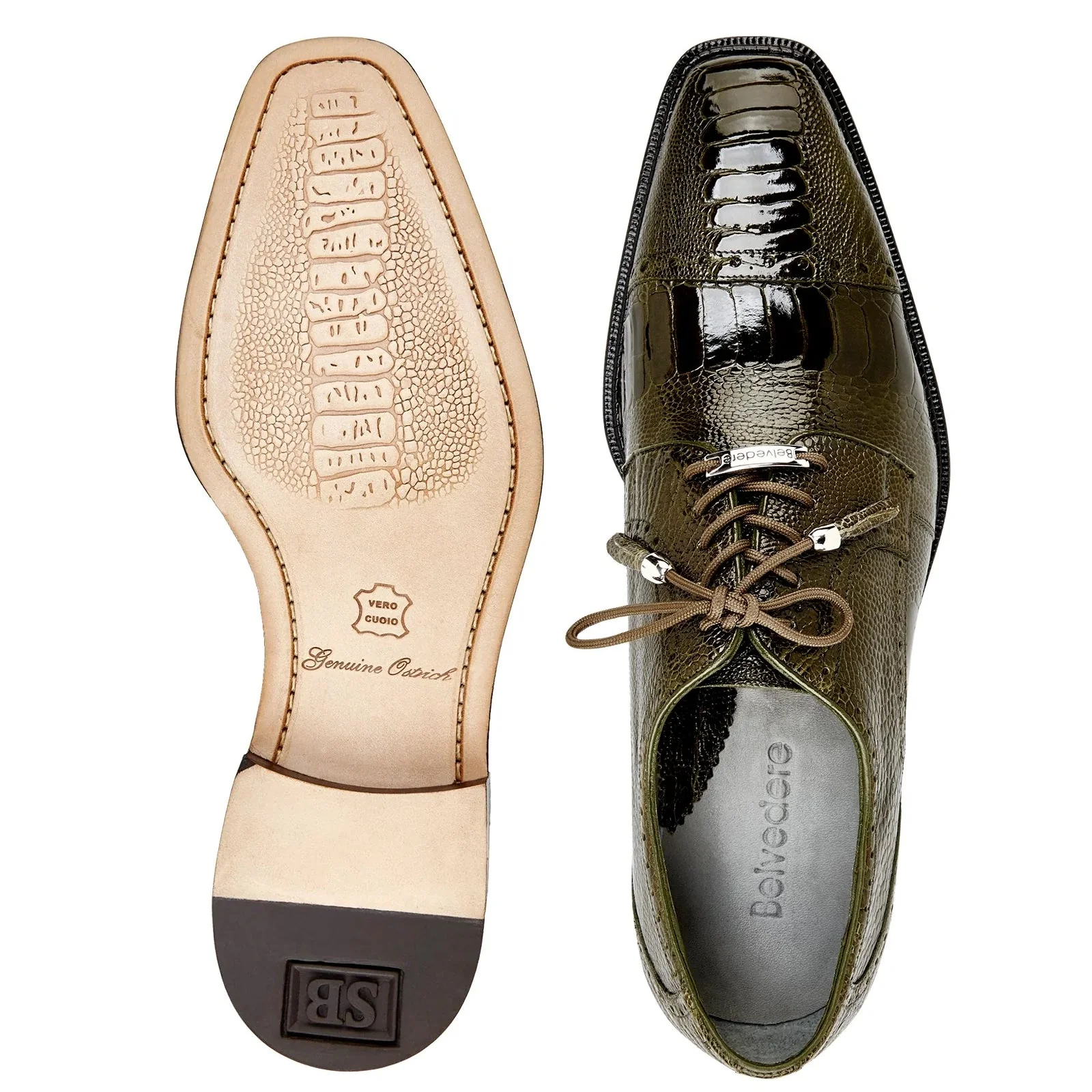Men's Belvedere Batta Cap Toe Ostrich Dress Shoe in Olive Green - Image 3
