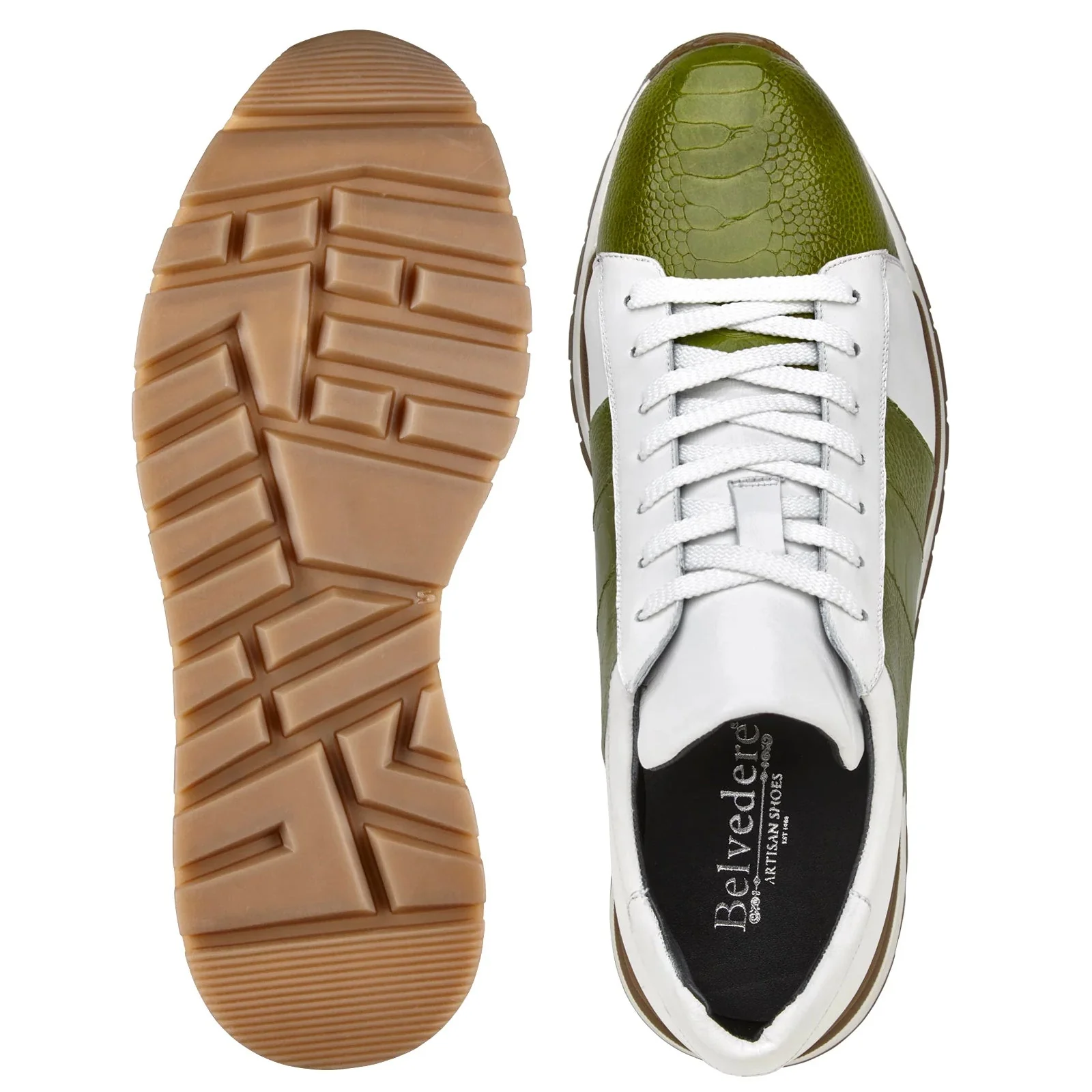 Men's Belvedere Blake Calf & Ostrich Leg Dress Sneaker in Lime Green & White - Image 3