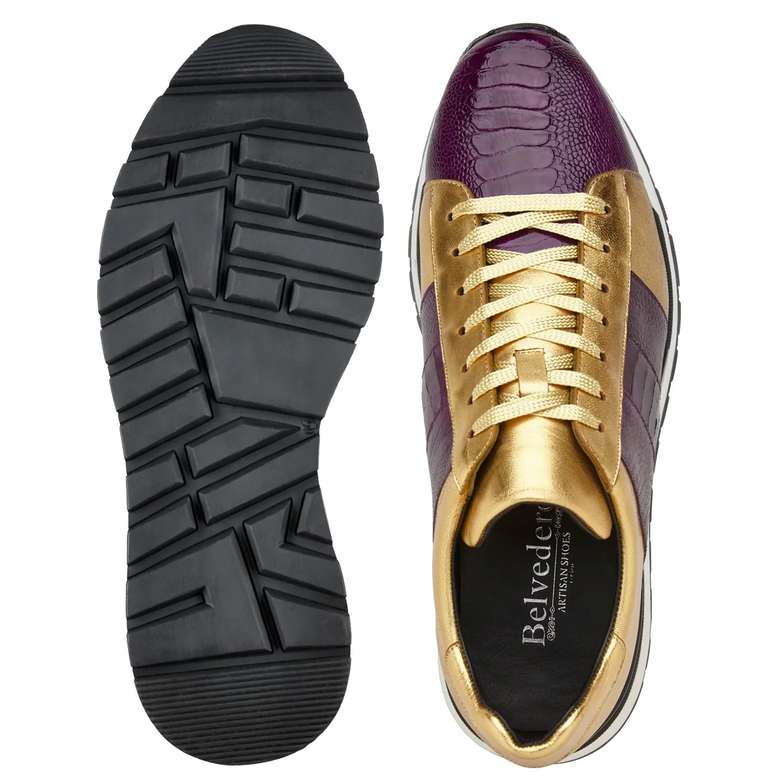 Men's Belvedere Blake Calf & Ostrich Leg Dress Sneaker in Purple & Gold - Image 3