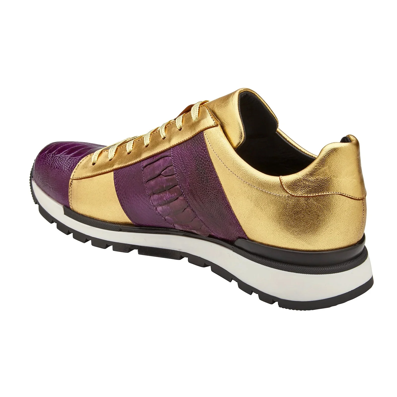 Men's Belvedere Blake Calf & Ostrich Leg Dress Sneaker in Purple & Gold - Image 4