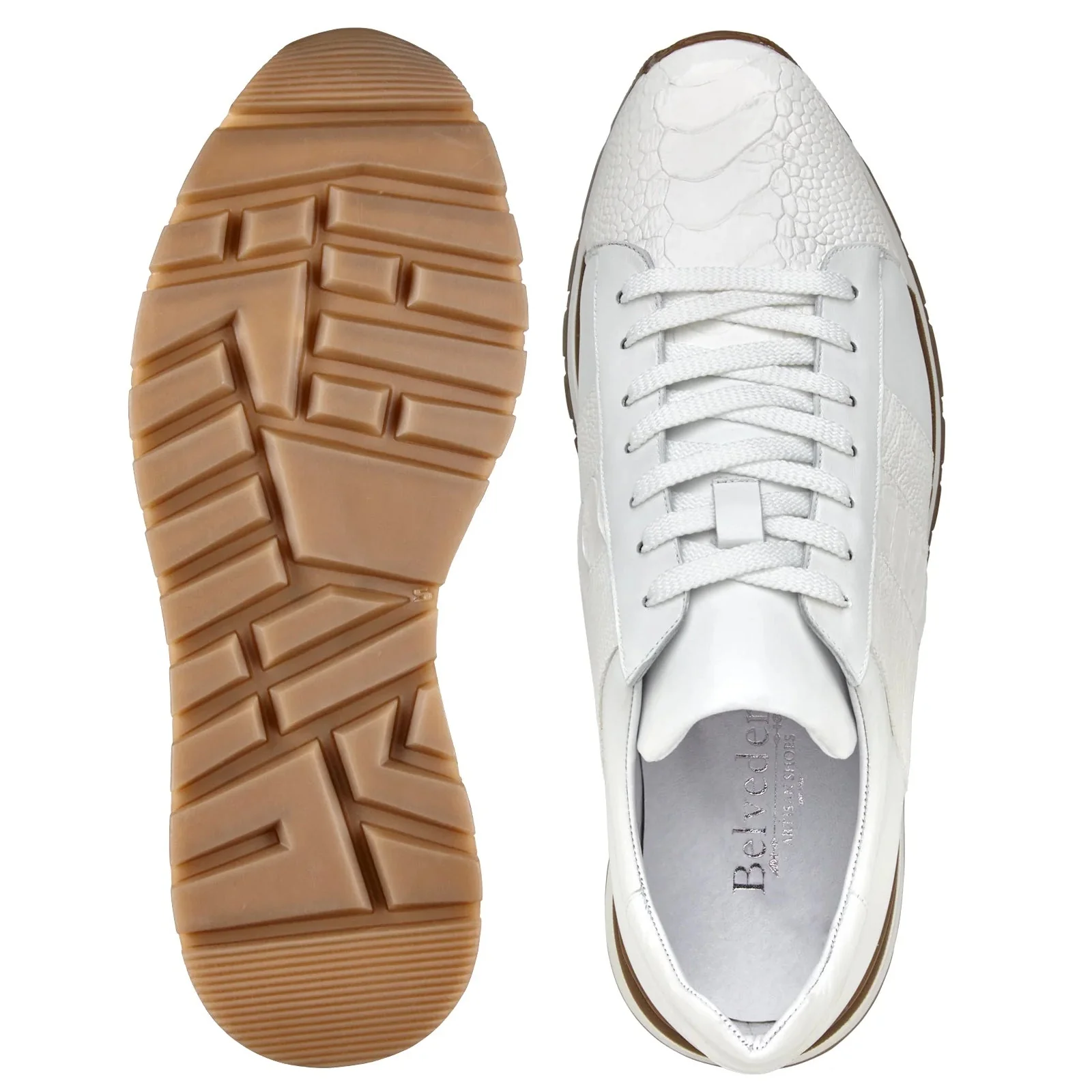 Men's Belvedere Blake Calf & Ostrich Leg Dress Sneaker in White - Image 3