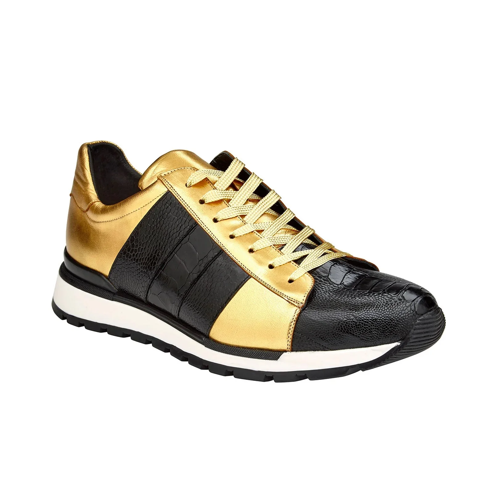 Men's Belvedere Blake Ostrich Leg & Italian Calf Leather Dress Sneaker in Black & Gold - Image 2