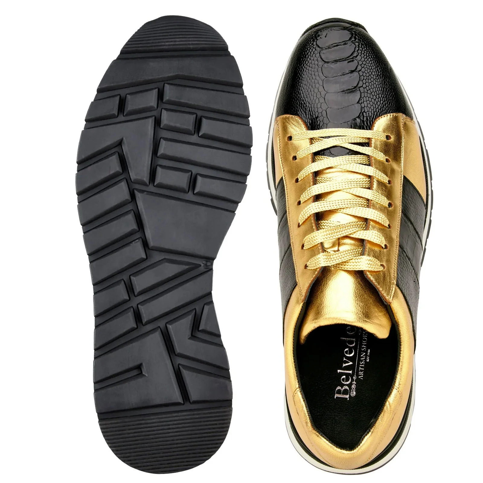 Men's Belvedere Blake Ostrich Leg & Italian Calf Leather Dress Sneaker in Black & Gold - Image 4