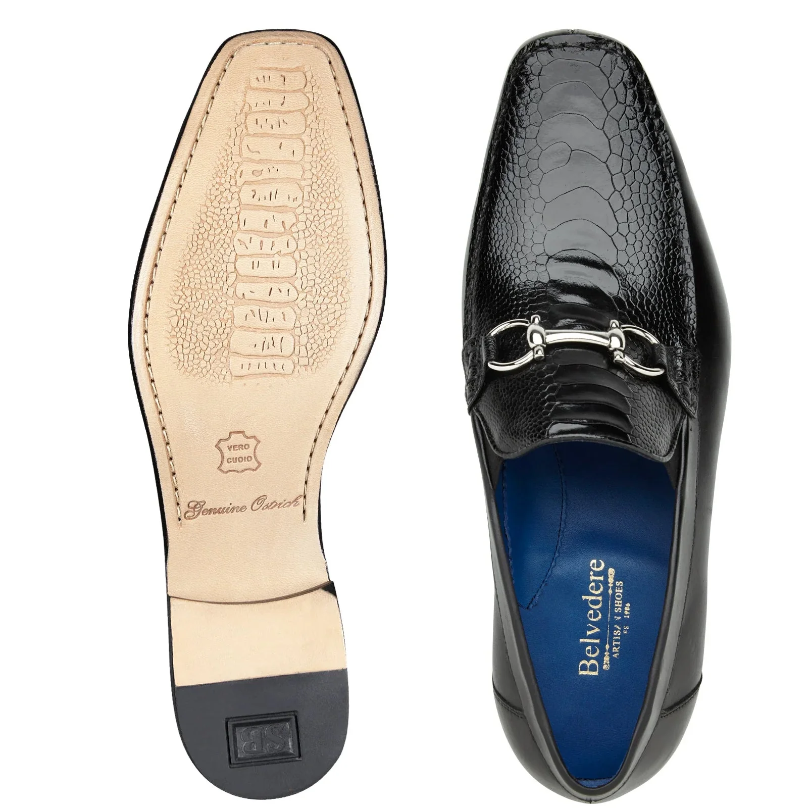 Men's Belvedere Bruno Calfskin & Ostrich Leg Buckle Loafer in Black - Image 3