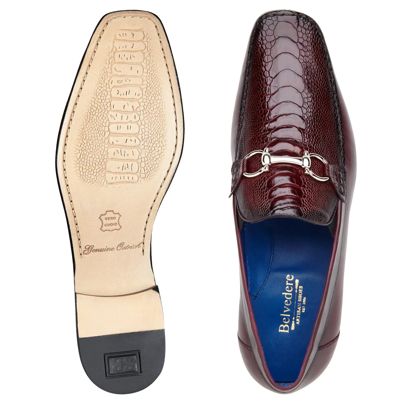 Men's Belvedere Bruno Calfskin & Ostrich Leg Buckle Loafer in Burgundy - Image 3