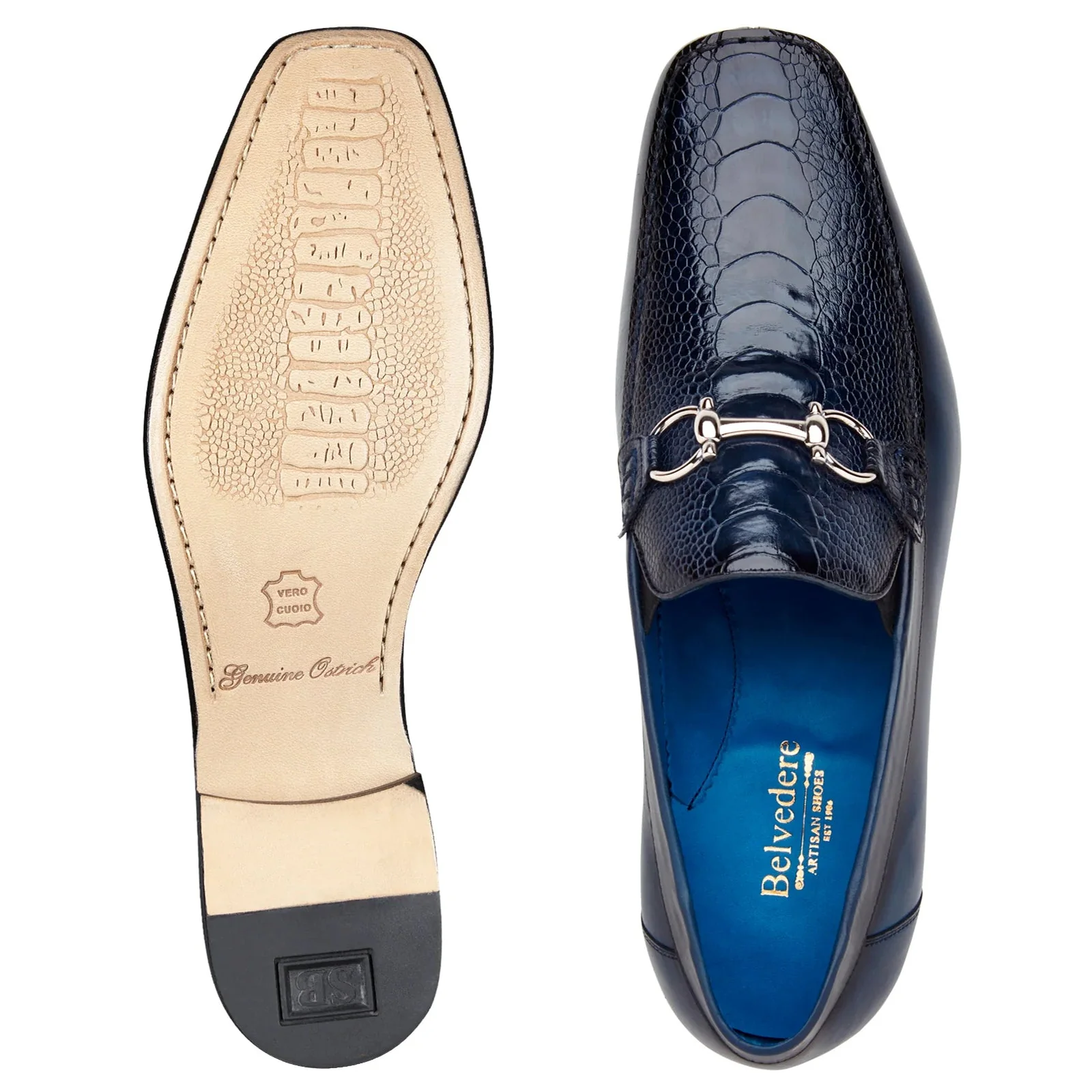 Men's Belvedere Bruno Calfskin & Ostrich Leg Buckle Loafer in Navy - Image 3