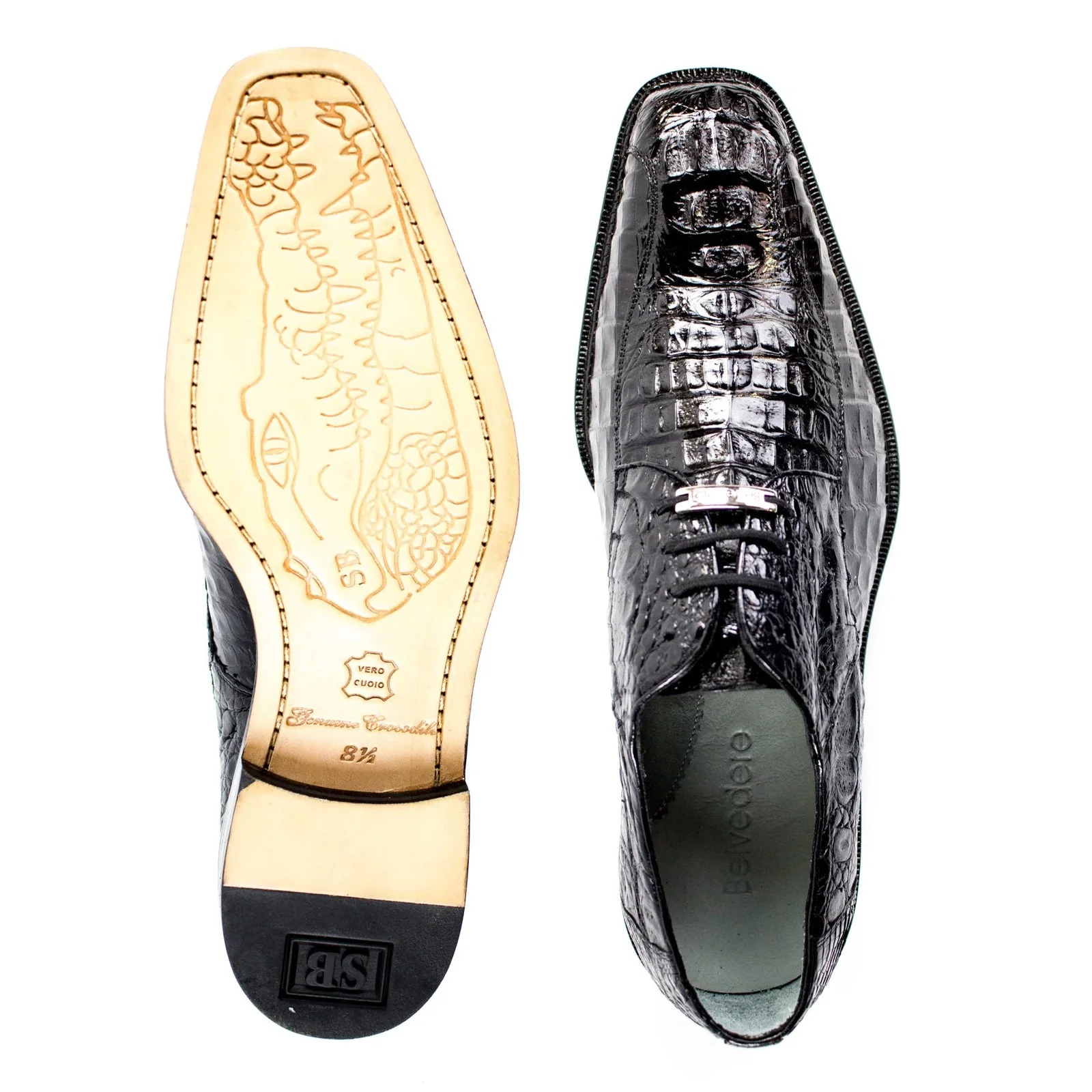 Men's Belvedere Chapo Hornback Caiman Crocodile Dress Shoe in Black - Image 3