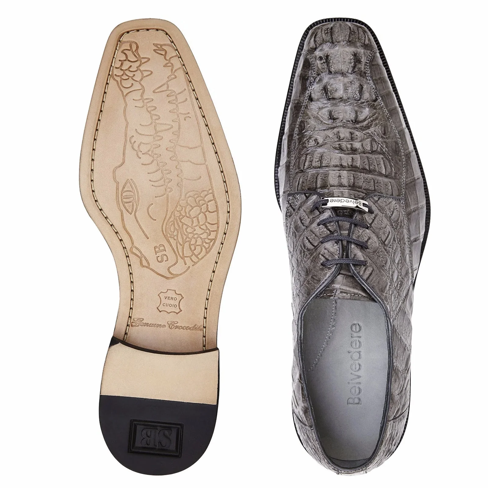 Men's Belvedere Chapo Hornback Caiman Crocodile Dress Shoe in Grey - Image 3