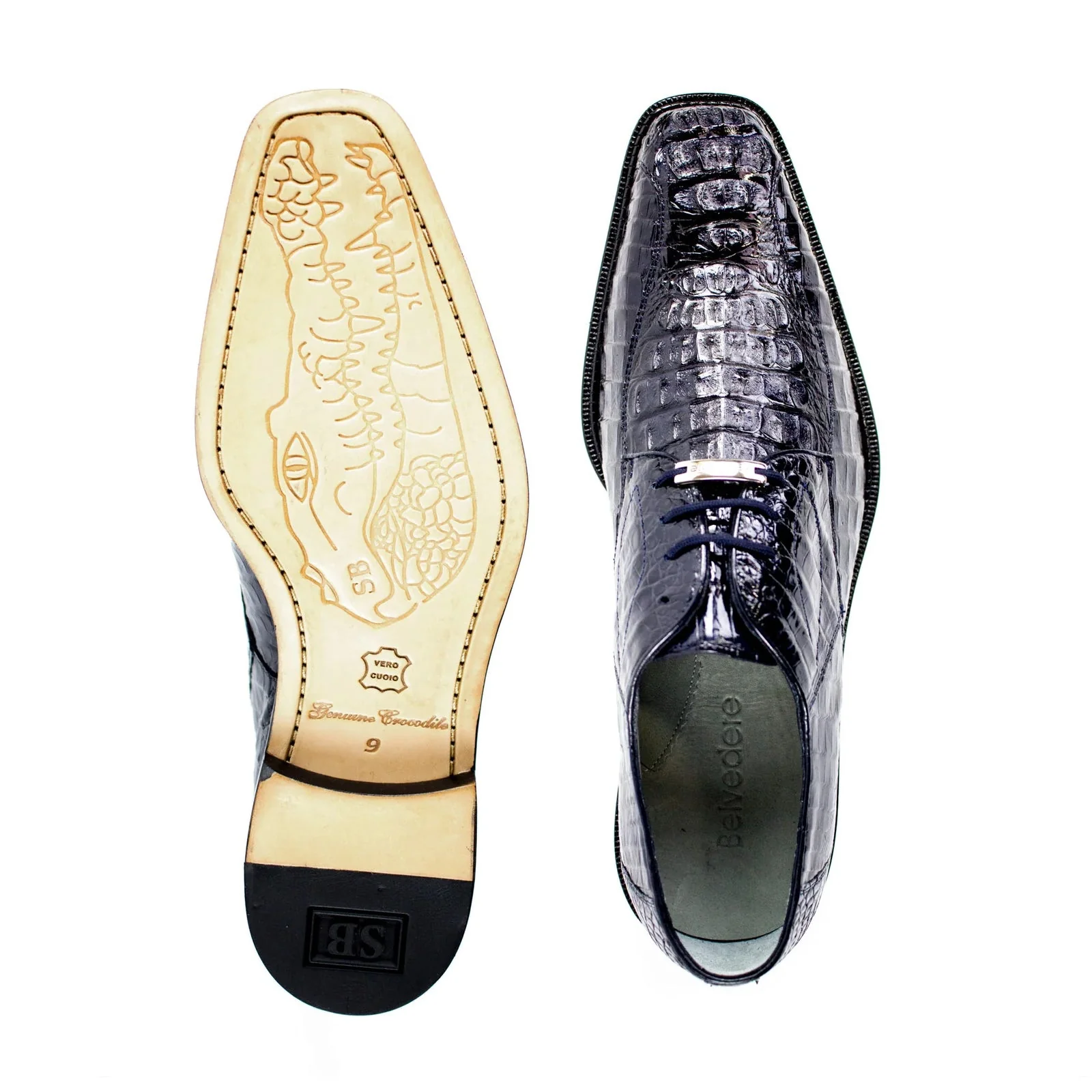 Men's Belvedere Chapo Hornback Caiman Crocodile Dress Shoe in Navy - Image 3