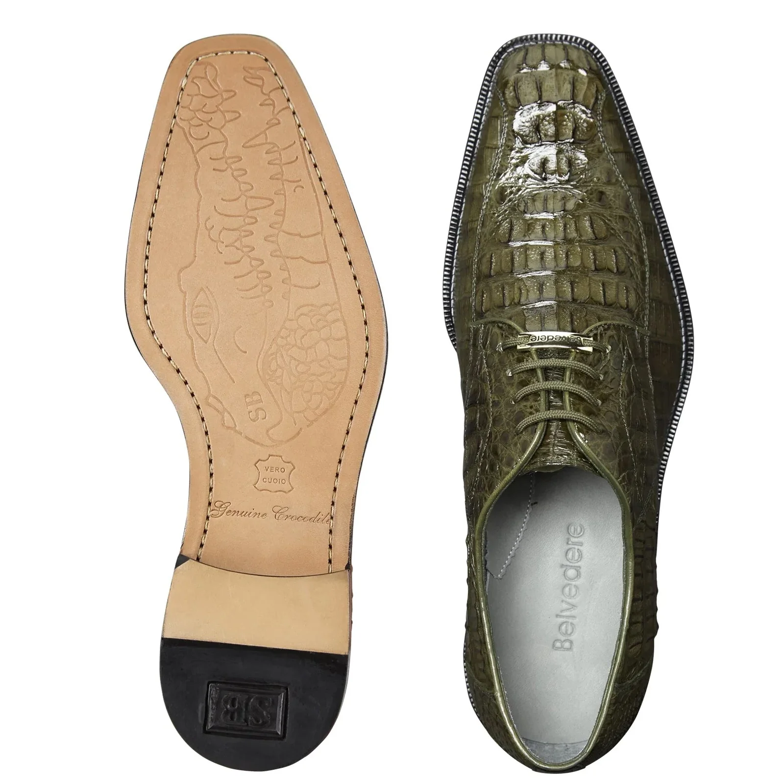 Men's Belvedere Chapo Hornback Caiman Crocodile Dress Shoe in Olive - Image 3