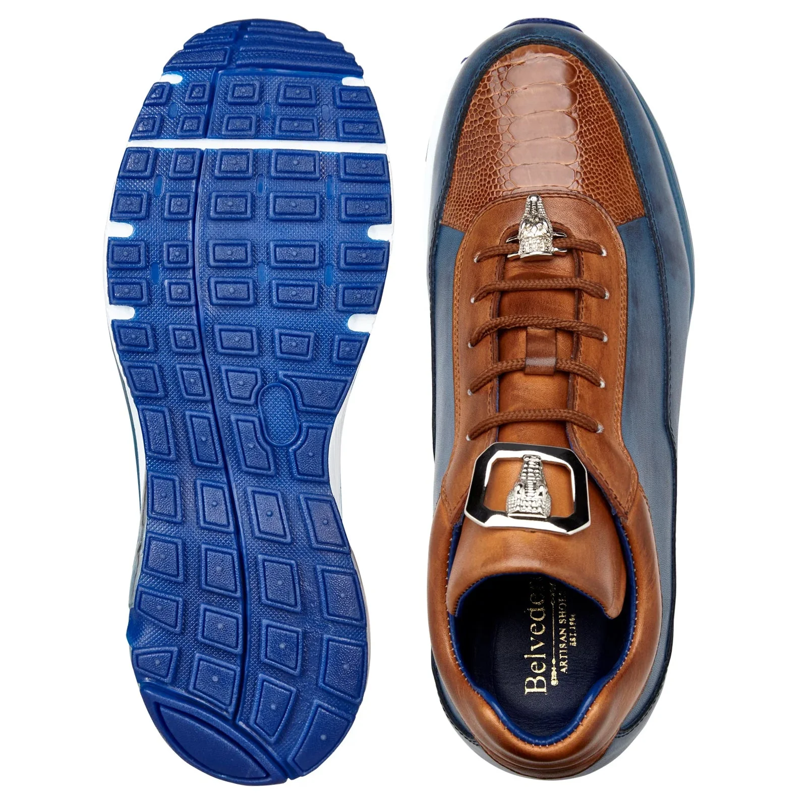 Men's Belvedere Flash Calf & Ostrich Leg Sneaker in Camel & Blue - Image 3