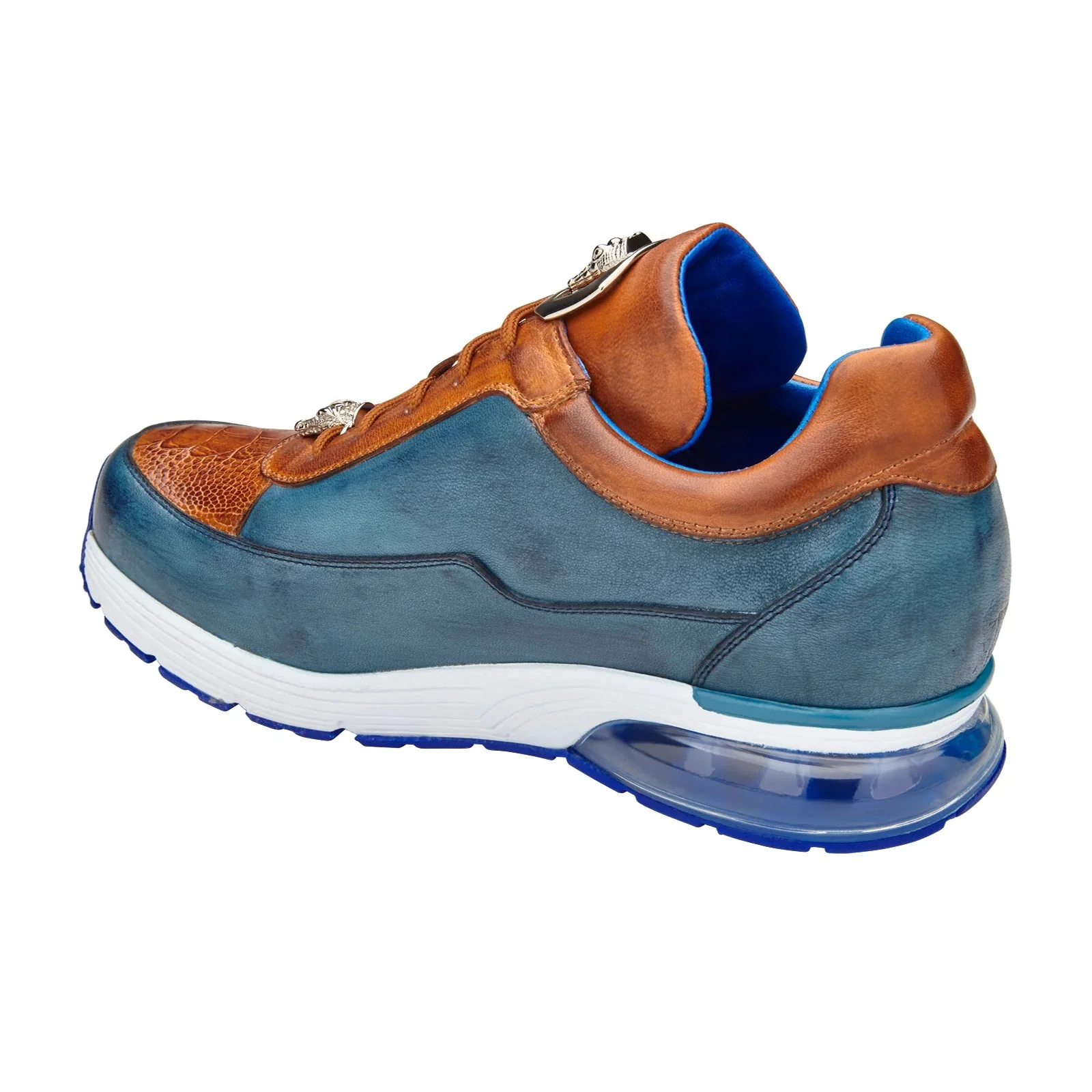Men's Belvedere Flash Calf & Ostrich Leg Sneaker in Camel & Blue - Image 4