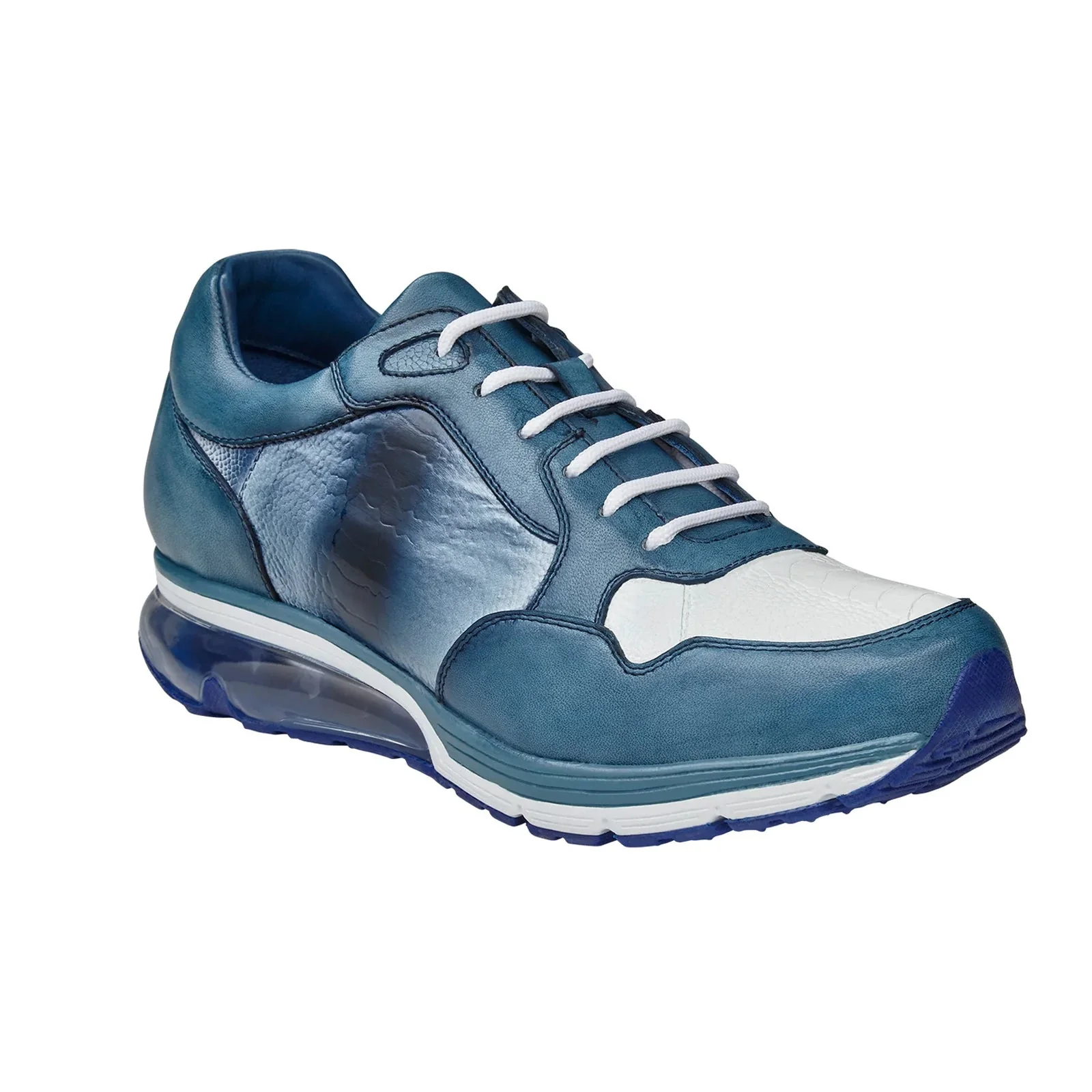 Men's Belvedere Gino Ostrich Leg & Italian Calf Leather Dress Sneaker in Blue & White - Image 2