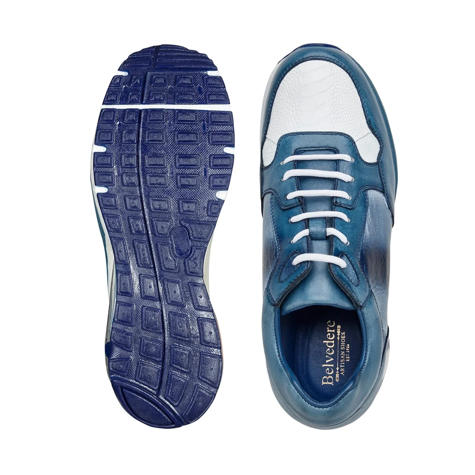 Men's Belvedere Gino Ostrich Leg & Italian Calf Leather Dress Sneaker in Blue & White - Image 5