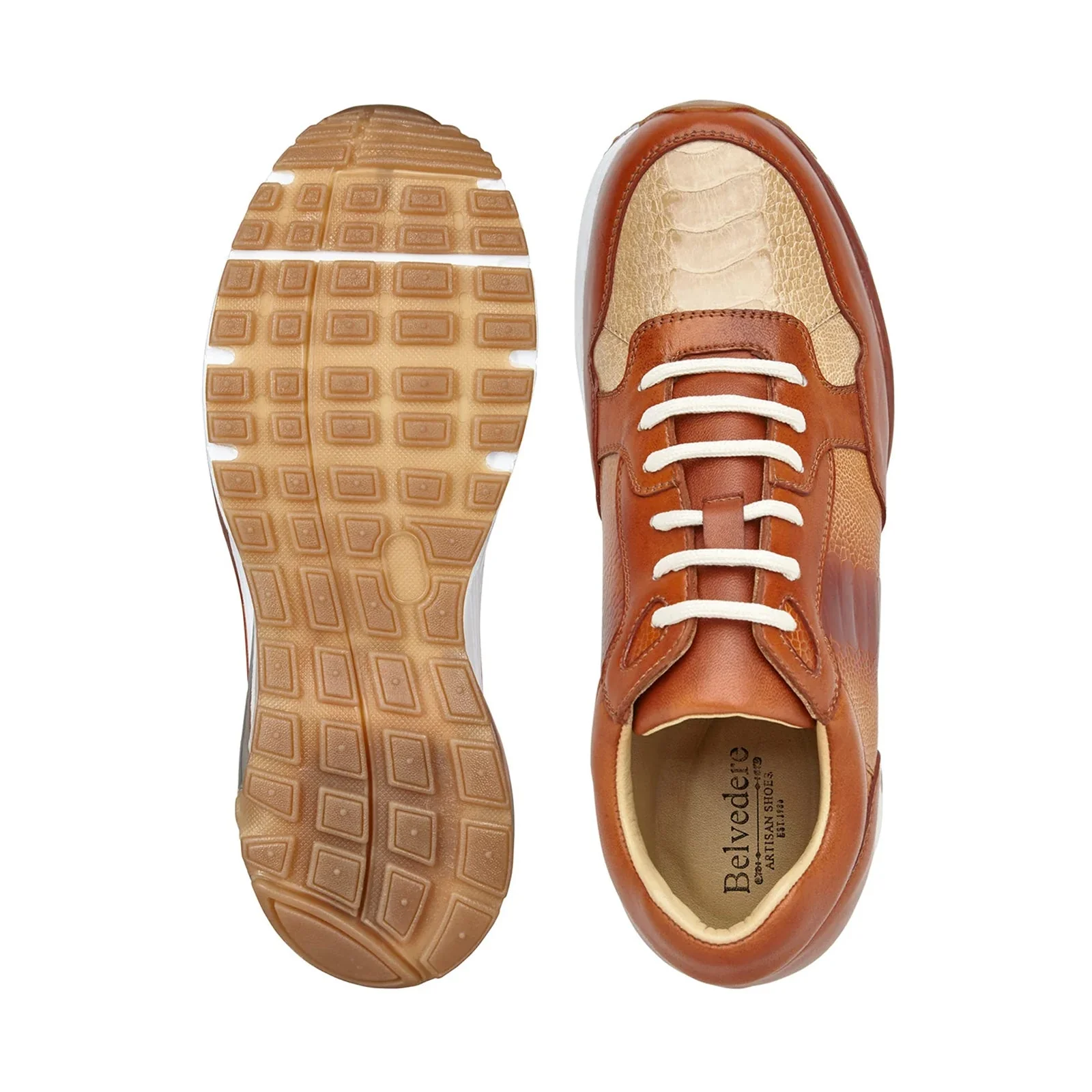 Men's Belvedere Gino Ostrich Leg & Italian Calf Leather Dress Sneaker in Brandy & Bone - Image 5