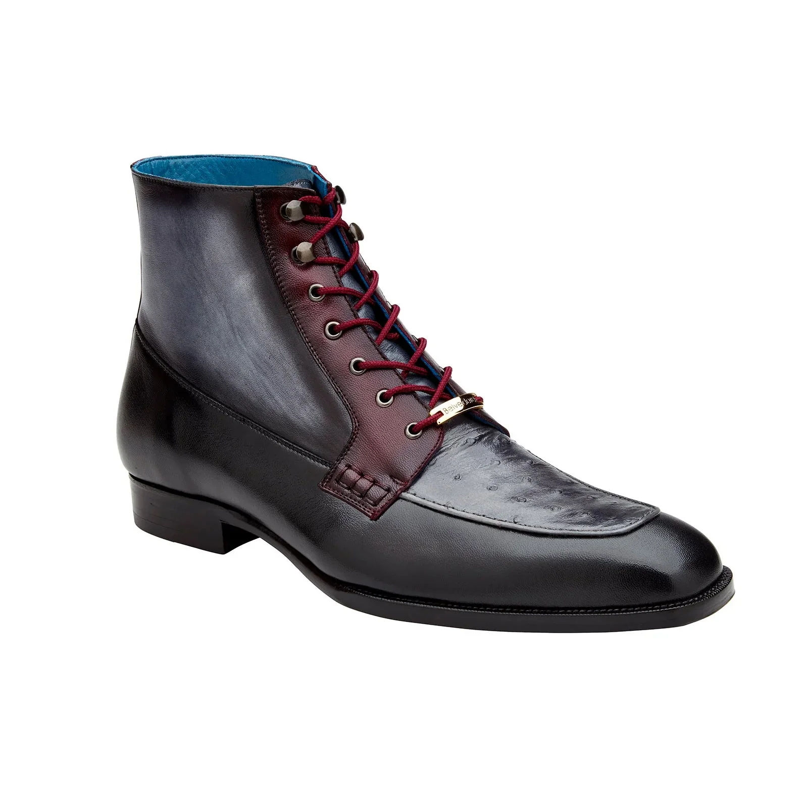 Men's Belvedere Greco Ostrich Quill & Italian Leather Dress Boot in Black & Burgundy - Image 2