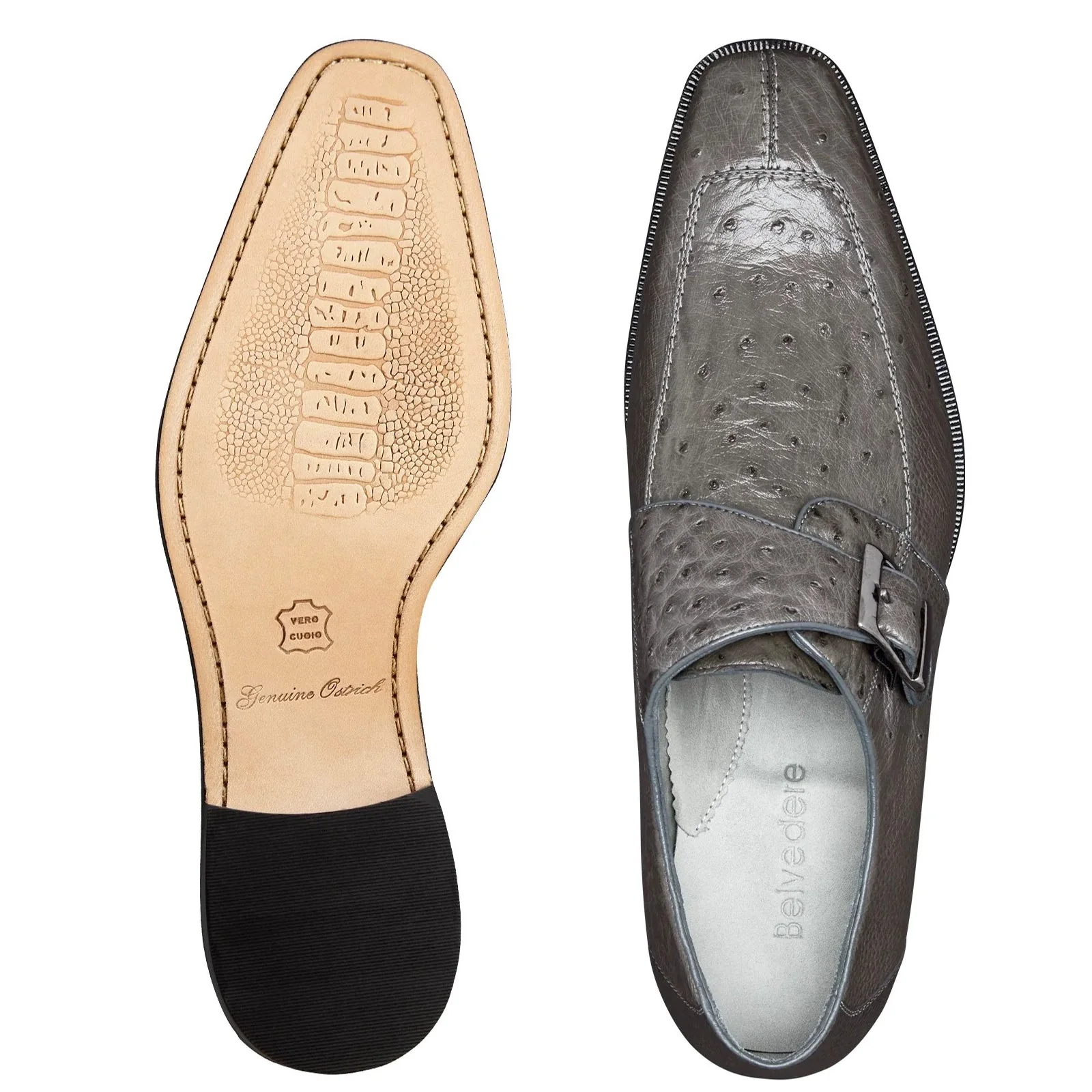 Men's Belvedere Josh Single Monkstrap Ostrich Dress Shoe in Grey - Image 3