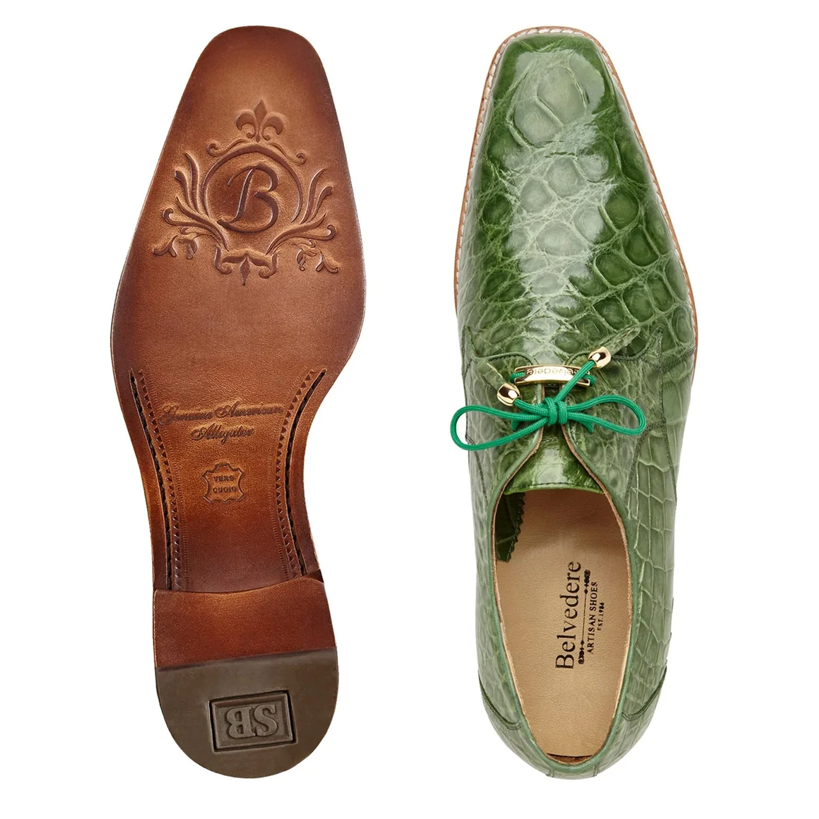 Men's Belvedere Lago Genuine Alligator Plain Toe Dress Shoe in Pistachio Green - Image 3