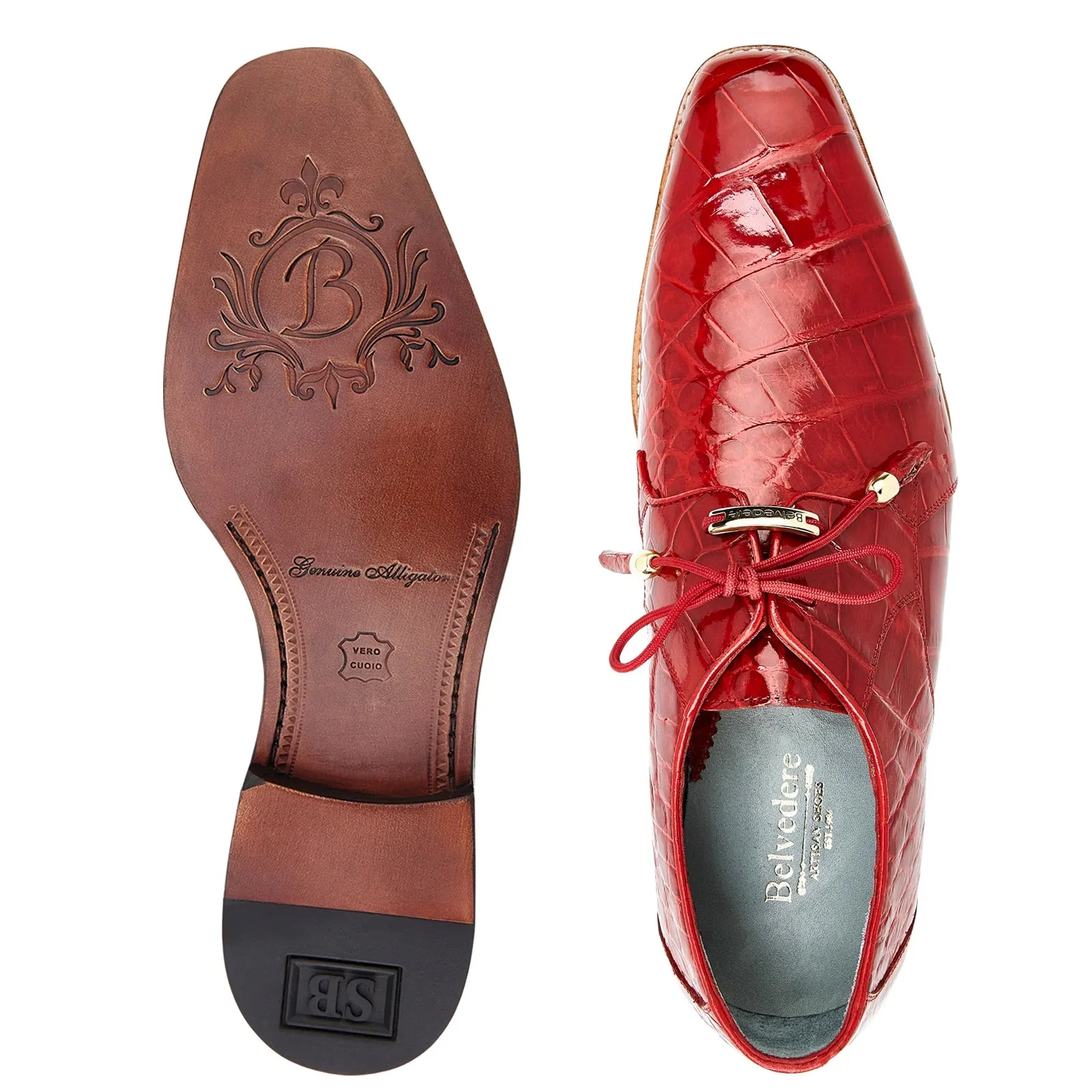 Men's Belvedere Lago Genuine Alligator Plain Toe Dress Shoe in Red - Image 3