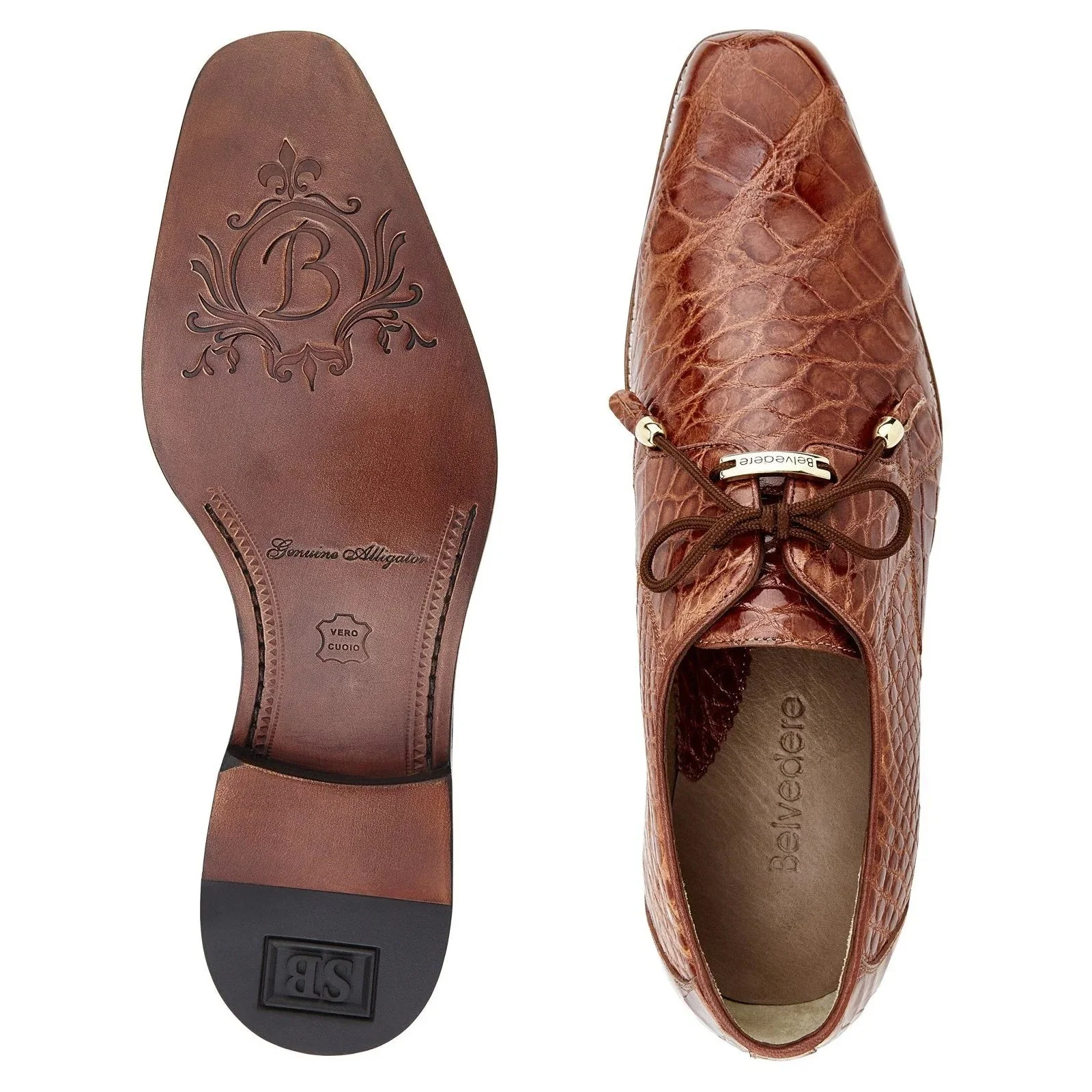 Men's Belvedere Lago Plain Toe American Alligator Dress Shoe in Cognac - Image 3