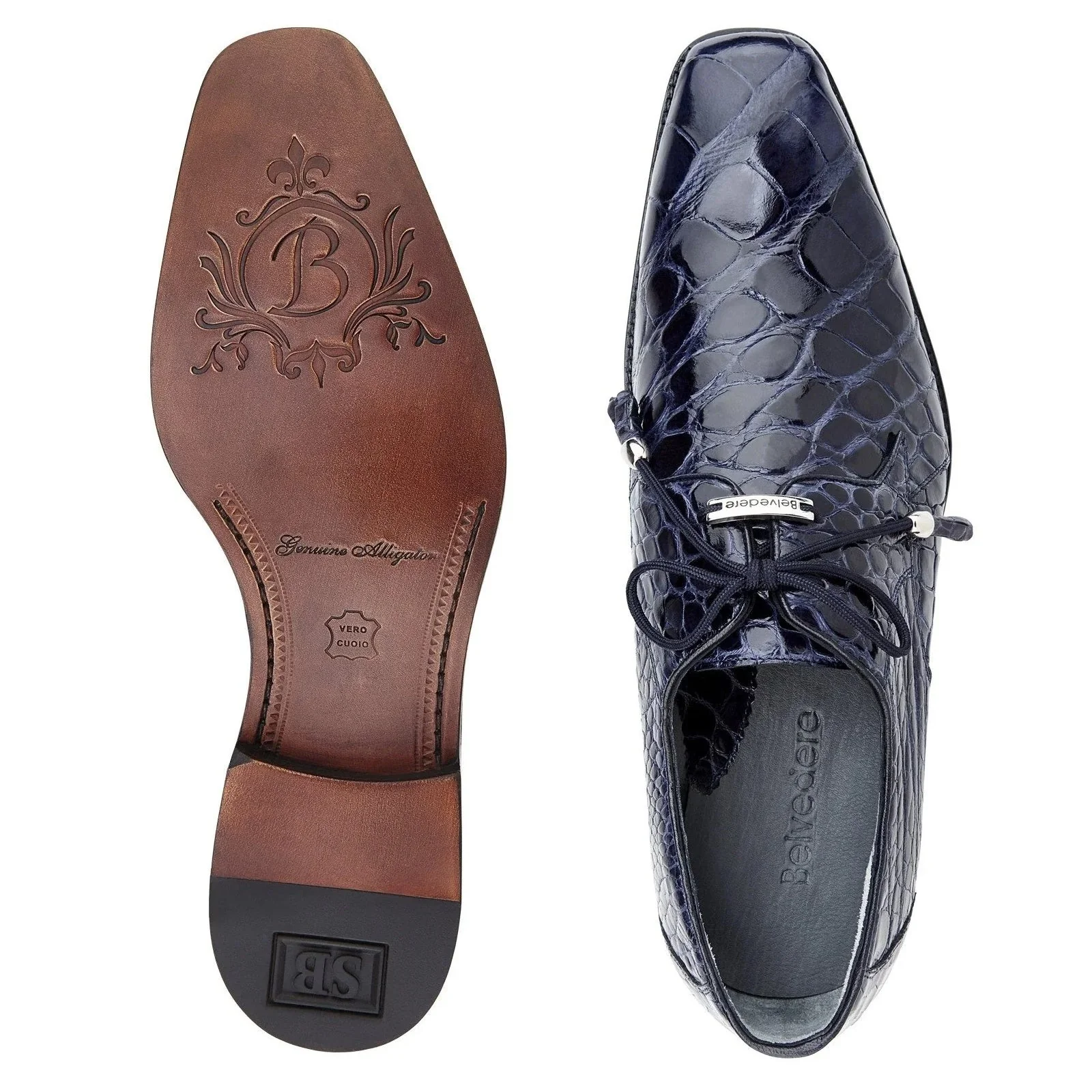 Men's Belvedere Lago Plain Toe American Alligator Dress Shoe in Navy - Image 3