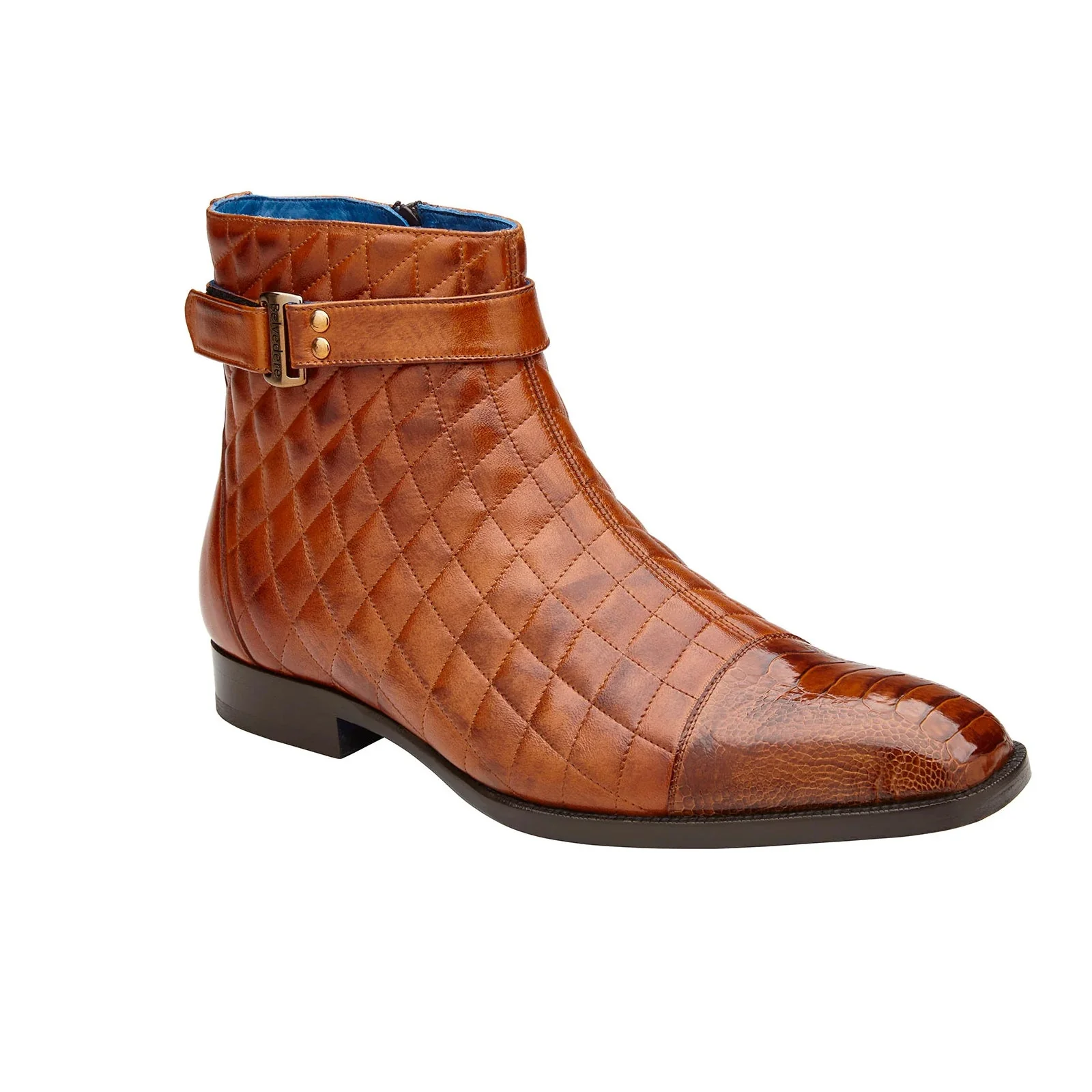 Men's Belvedere Libero Quilted Leather & Ostrich Leg Cap Toe Chelsea Boot in Almond - Image 2