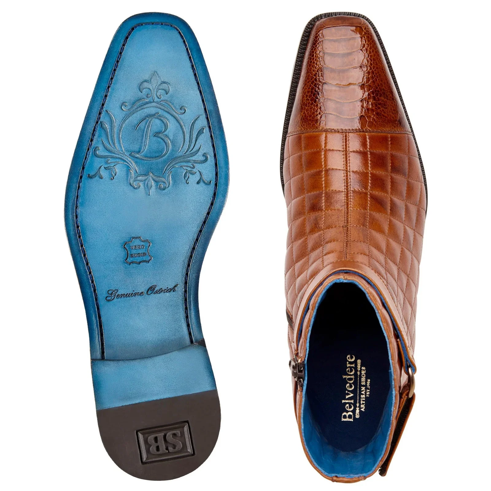 Men's Belvedere Libero Quilted Leather & Ostrich Leg Cap Toe Chelsea Boot in Almond - Image 5