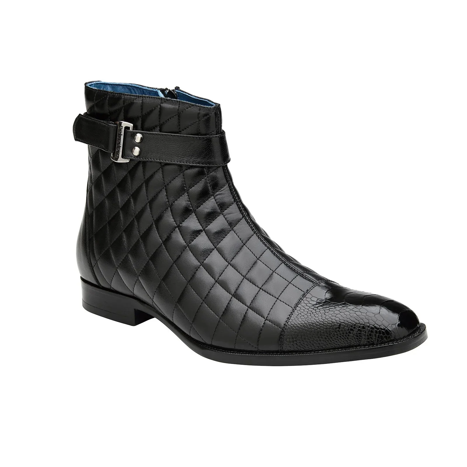 Men's Belvedere Libero Quilted Leather & Ostrich Leg Cap Toe Chelsea Boot in Black - Image 2