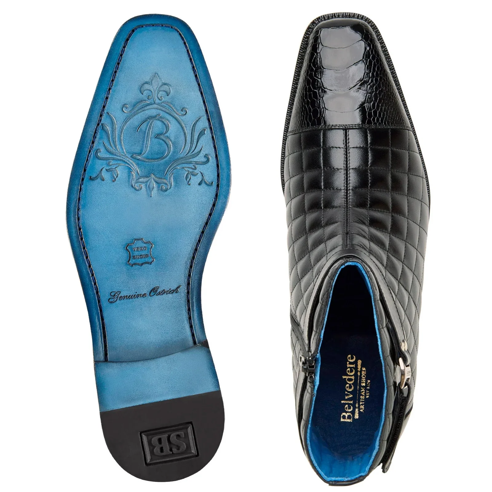 Men's Belvedere Libero Quilted Leather & Ostrich Leg Cap Toe Chelsea Boot in Black - Image 5