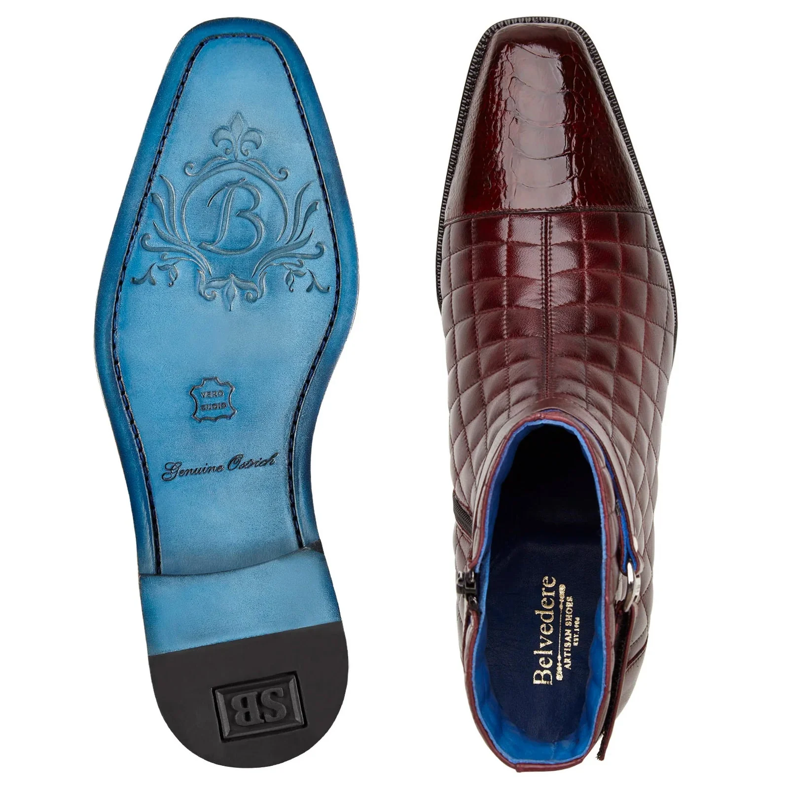 Men's Belvedere Libero Quilted Leather & Ostrich Leg Cap Toe Chelsea Boot in Burgundy - Image 5