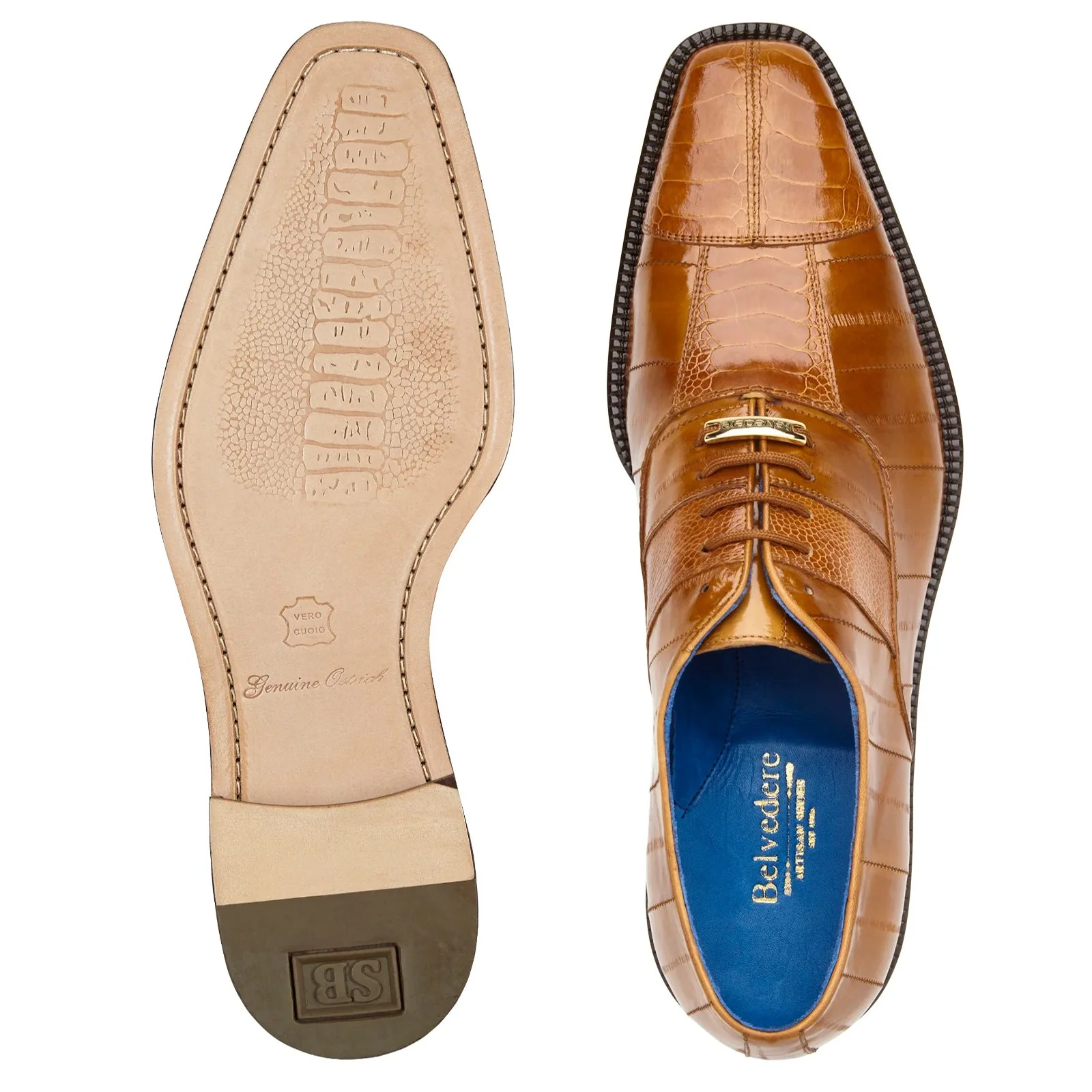 Men's Belvedere Mare Ostrich Leg & Eel Skin Dress Shoe in Camel - Image 3