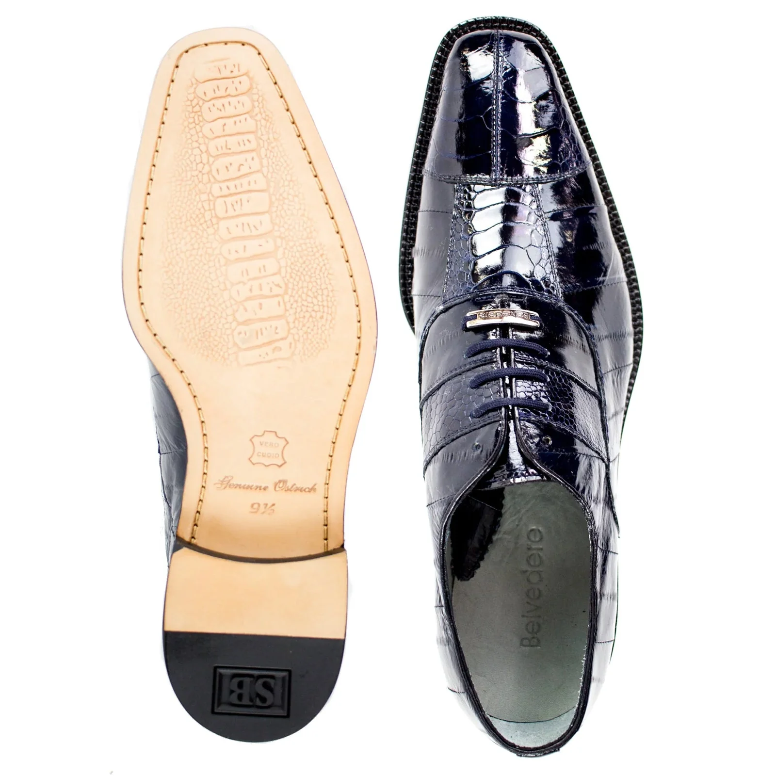 Men's Belvedere Mare Ostrich Leg & Eel Skin Dress Shoe in Navy Blue - Image 3
