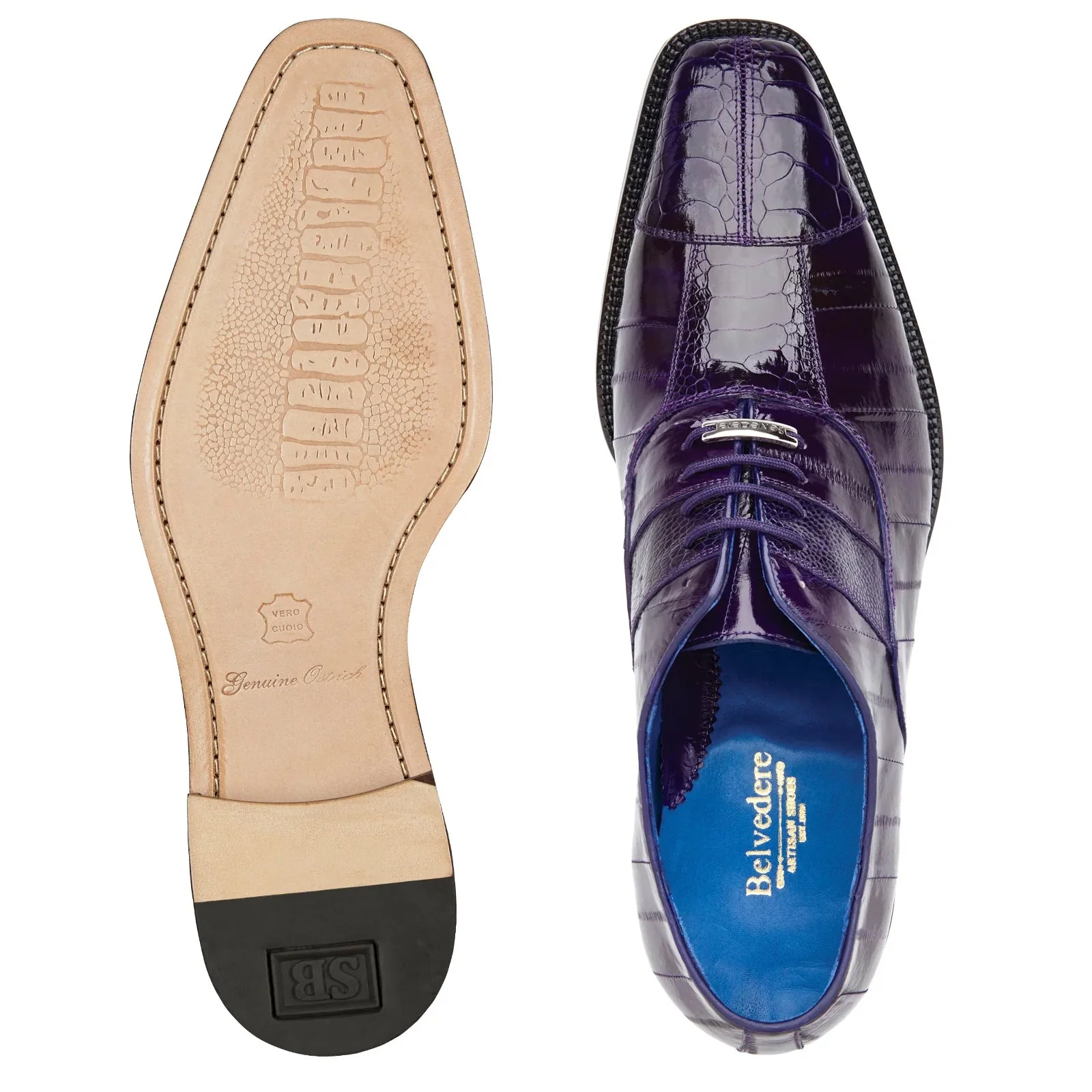 Men's Belvedere Mare Ostrich Leg & Eel Skin Dress Shoe in Purple - Image 3