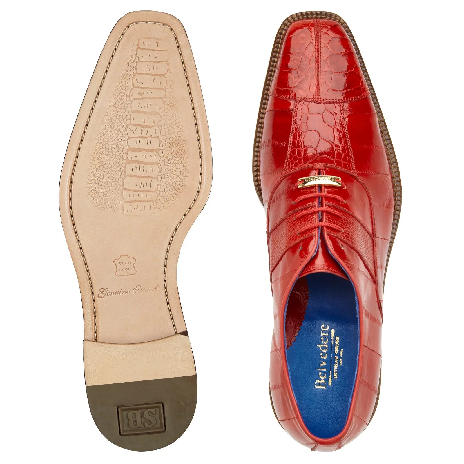 Men's Belvedere Mare Ostrich Leg & Eel Skin Dress Shoe in Red - Image 3