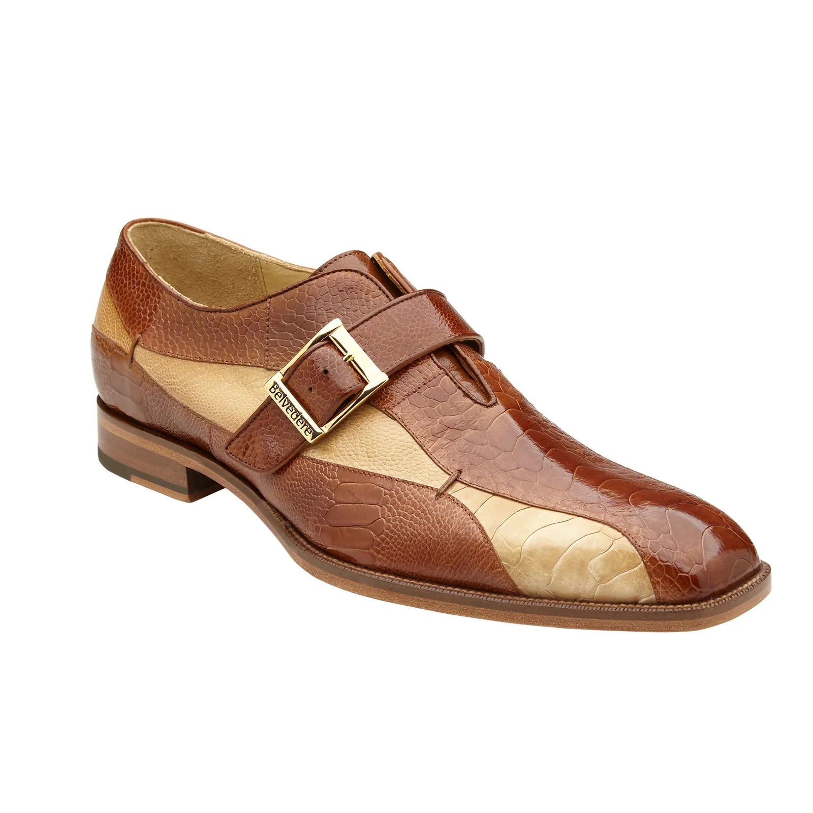 Men's Belvedere Marte Ostrich Leg Monk Strap Dress Shoe in Camel & Bone - Image 2