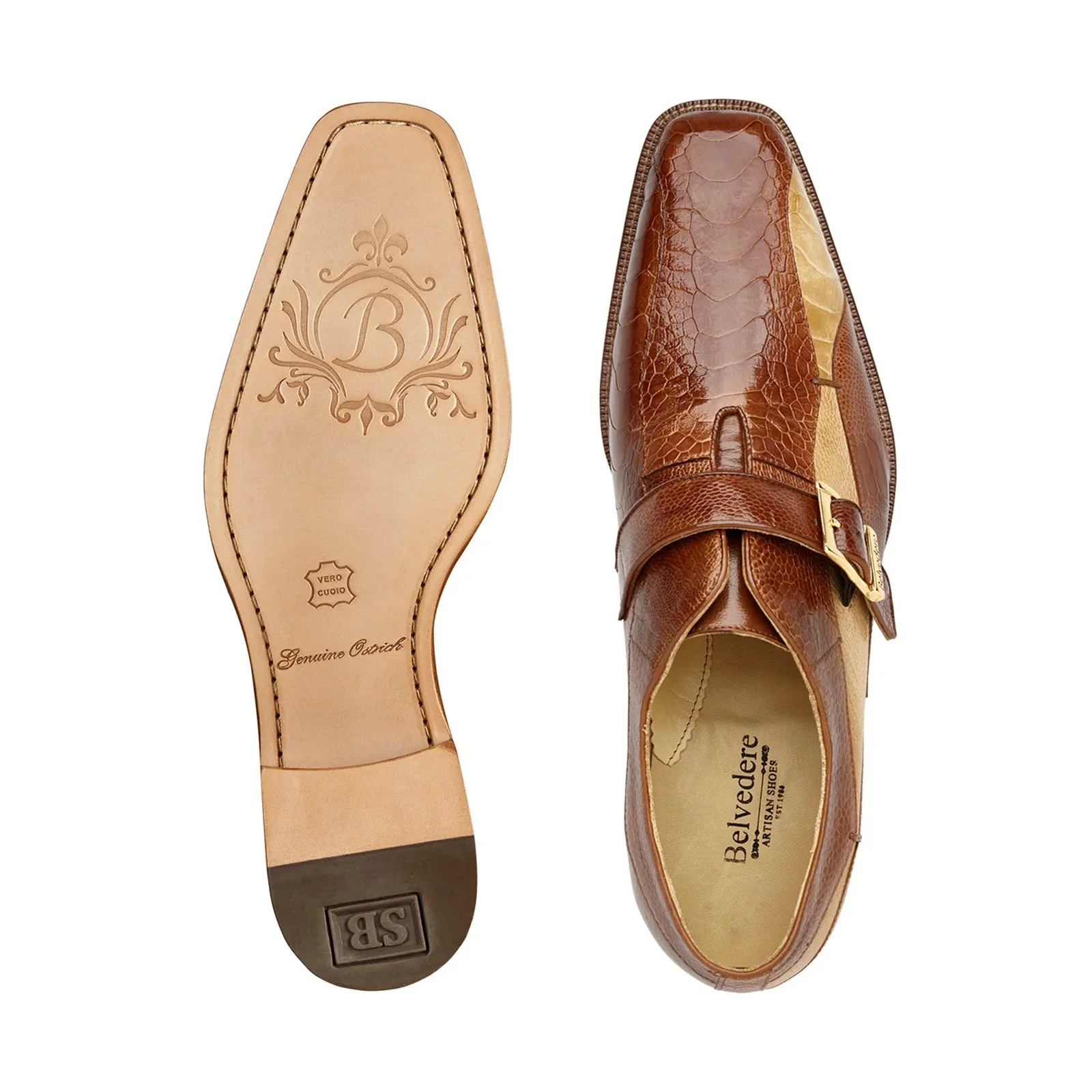Men's Belvedere Marte Ostrich Leg Monk Strap Dress Shoe in Camel & Bone - Image 5
