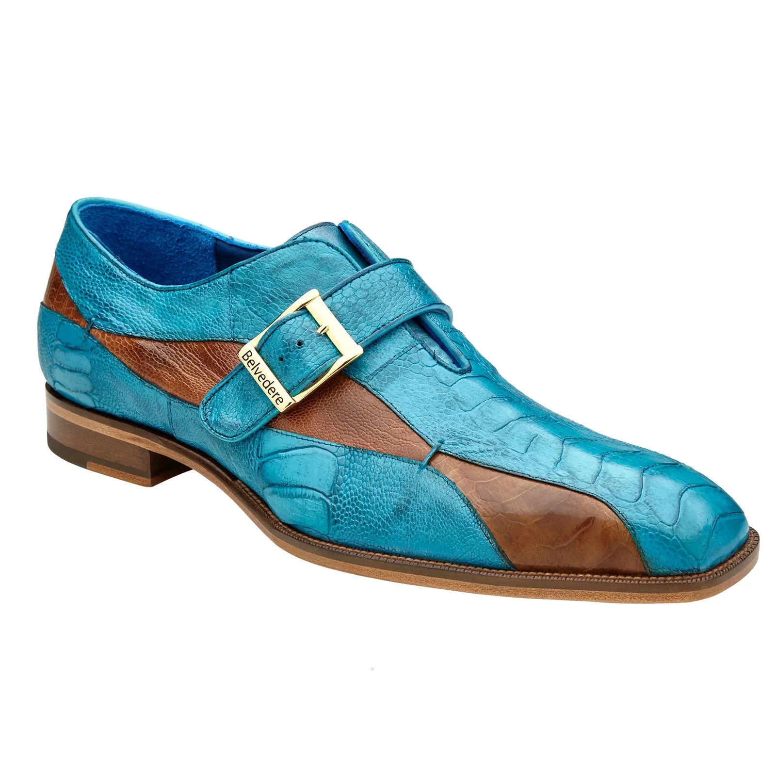 Men's Belvedere Marte Ostrich Leg Monk Strap Dress Shoe in Ocean Blue & Brandy - Image 2