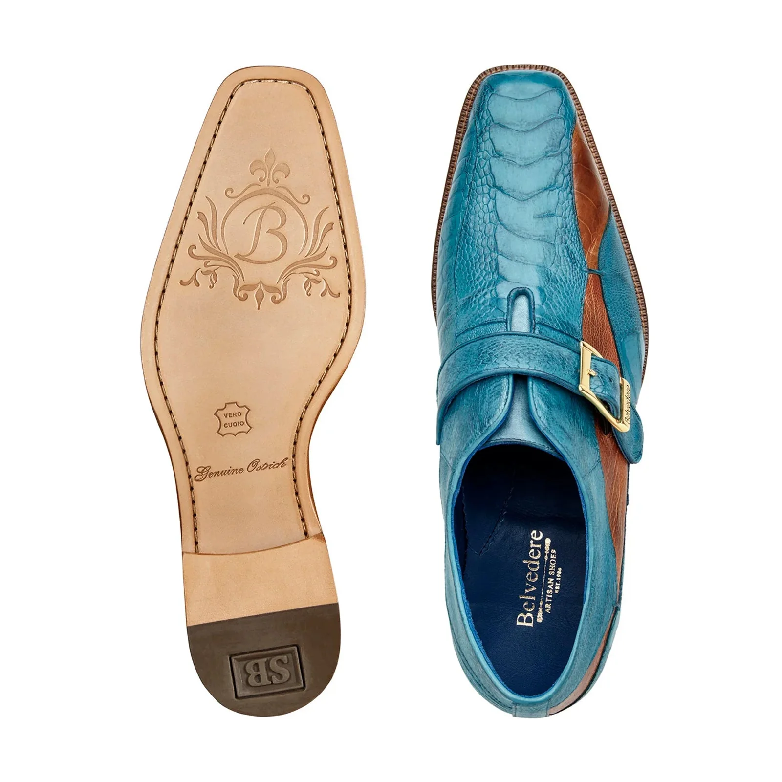 Men's Belvedere Marte Ostrich Leg Monk Strap Dress Shoe in Ocean Blue & Brandy - Image 5