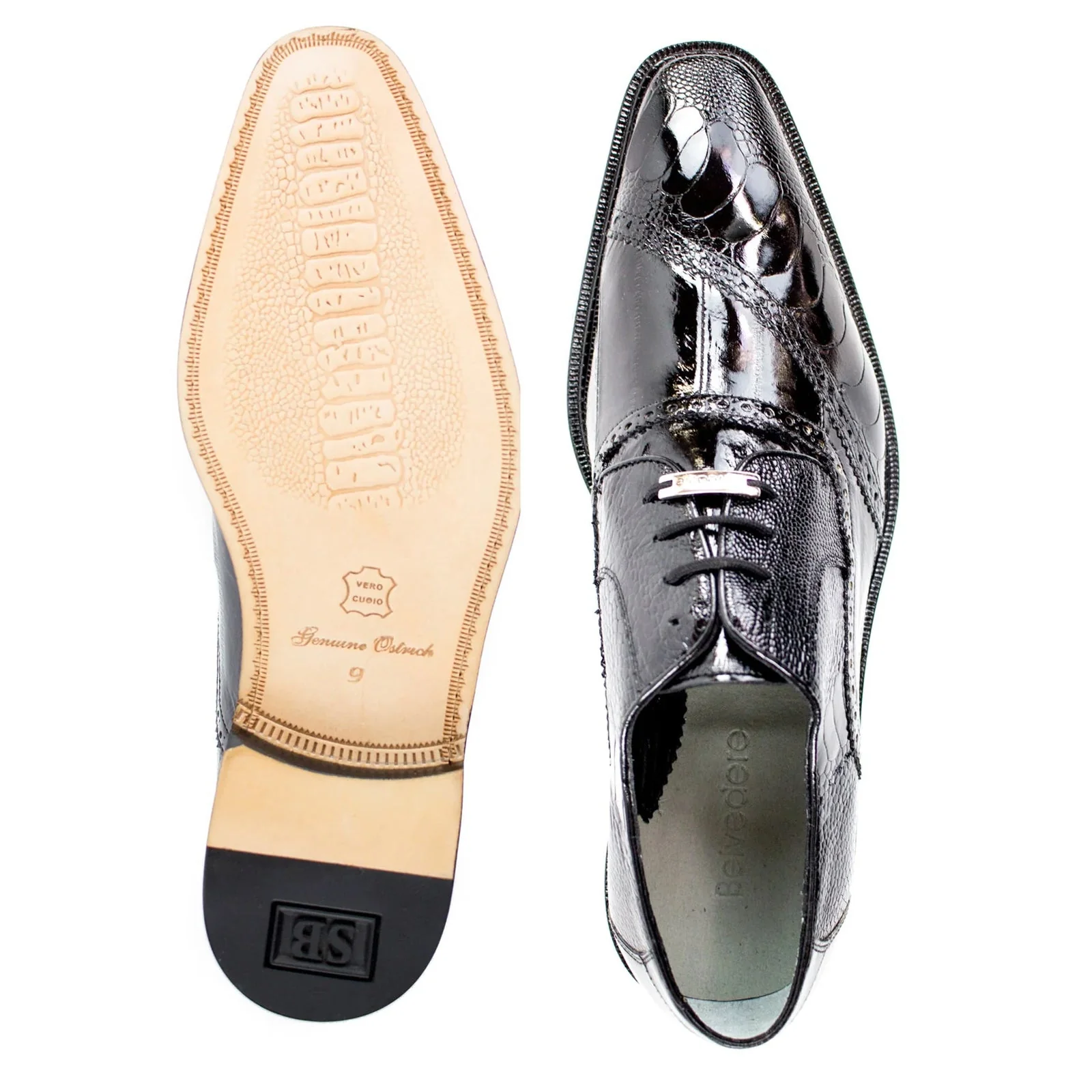 Men's Belvedere Nino Slanted Wingtip Ostrich Leg & Eel Dress Shoe in Black - Image 3