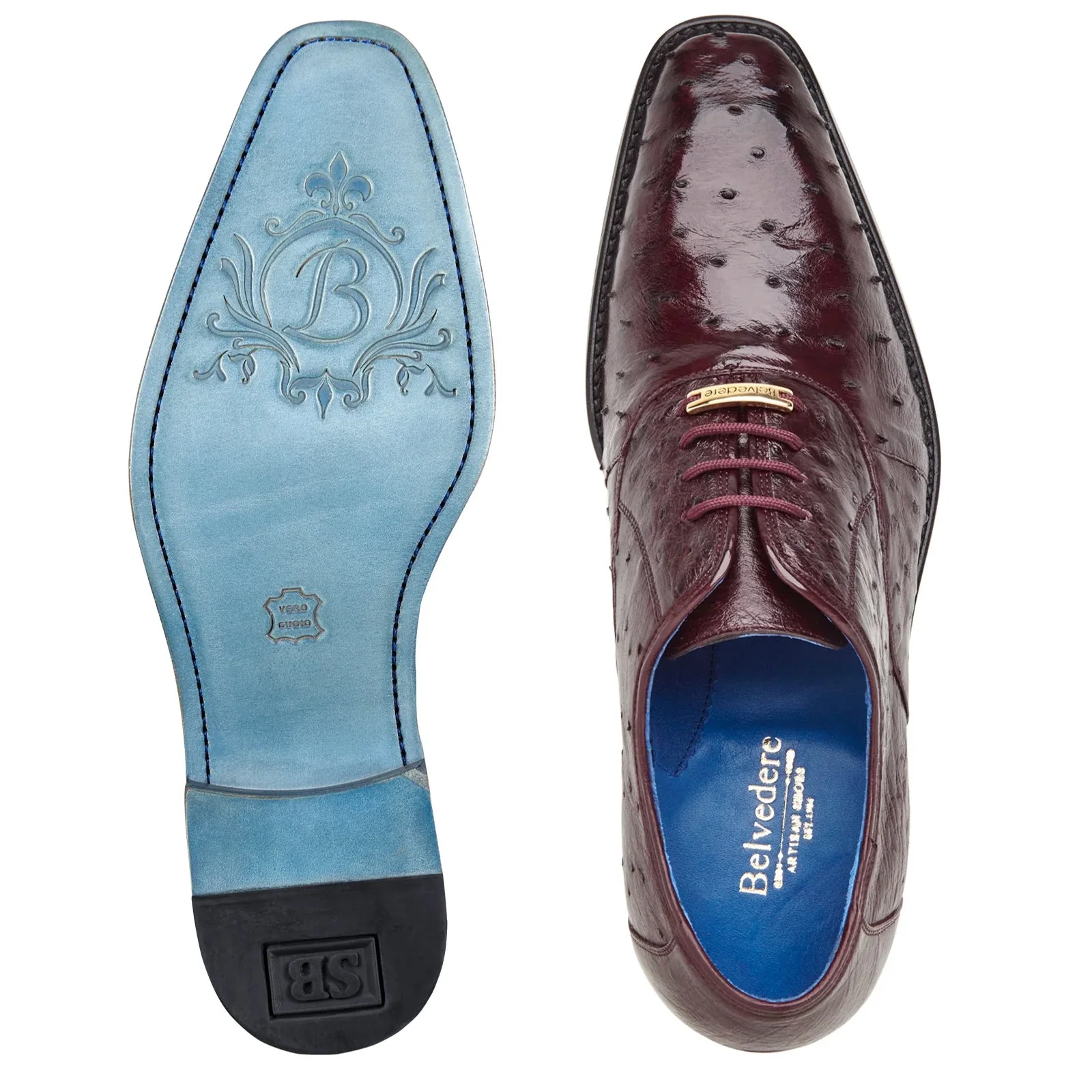 Men's Belvedere Orlando Ostrich Quill Plain Toe Dress Shoe in Burgundy - Image 3