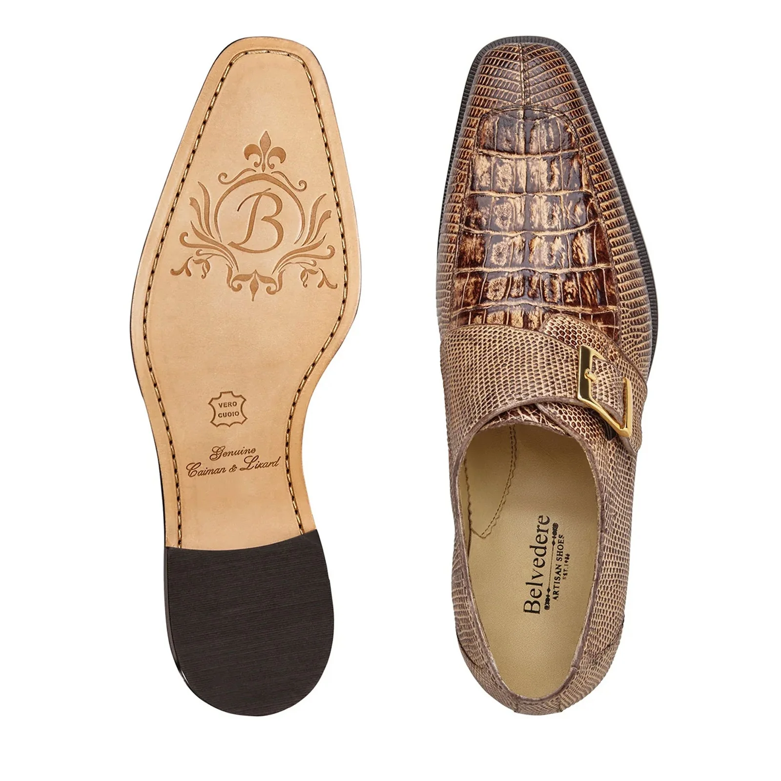 Men's Belvedere Pablo Crocodile & Lizard Moc-Toe Monk Strap Dress Shoe in Espresso - Image 3