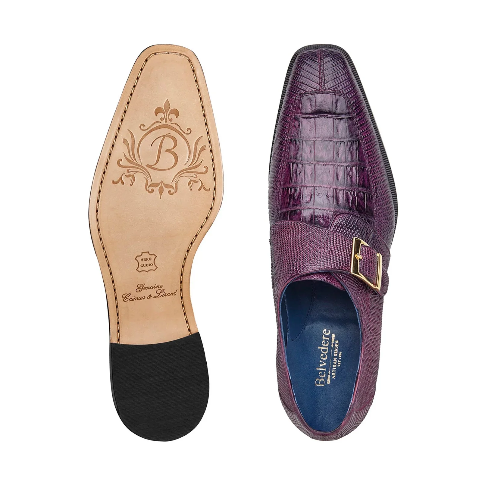 Men's Belvedere Pablo Crocodile & Lizard Moc-Toe Monk Strap Dress Shoe in Purple - Image 3